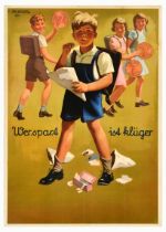 Propaganda Poster Smart Schoolchildren Savings Reichspfennig Wer spart Ist Kluger Baudrexel