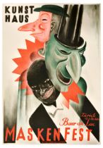 Advertising Poster Masquerade Art Deco Zurich Kunsthaus Maskenfest Masked Ball Baur Au Lac