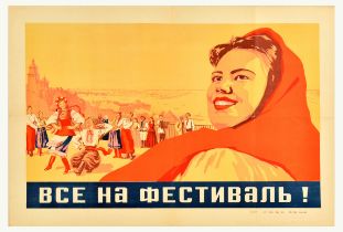 Propaganda Poster Folk Festival Dance Music USSR