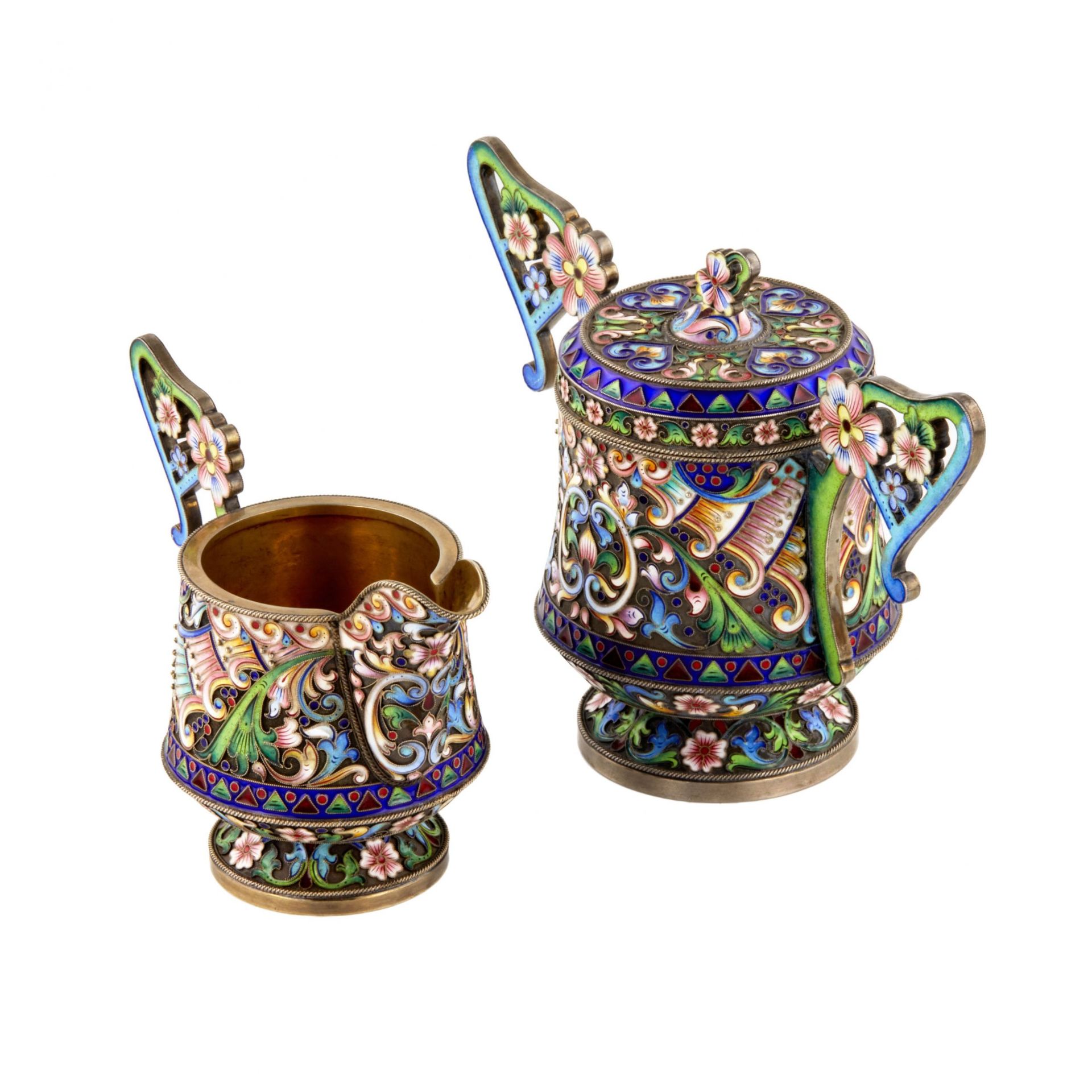 Art Nouveau cloisonne enamel Russian silver creamer and sugar bowl. - Image 3 of 9