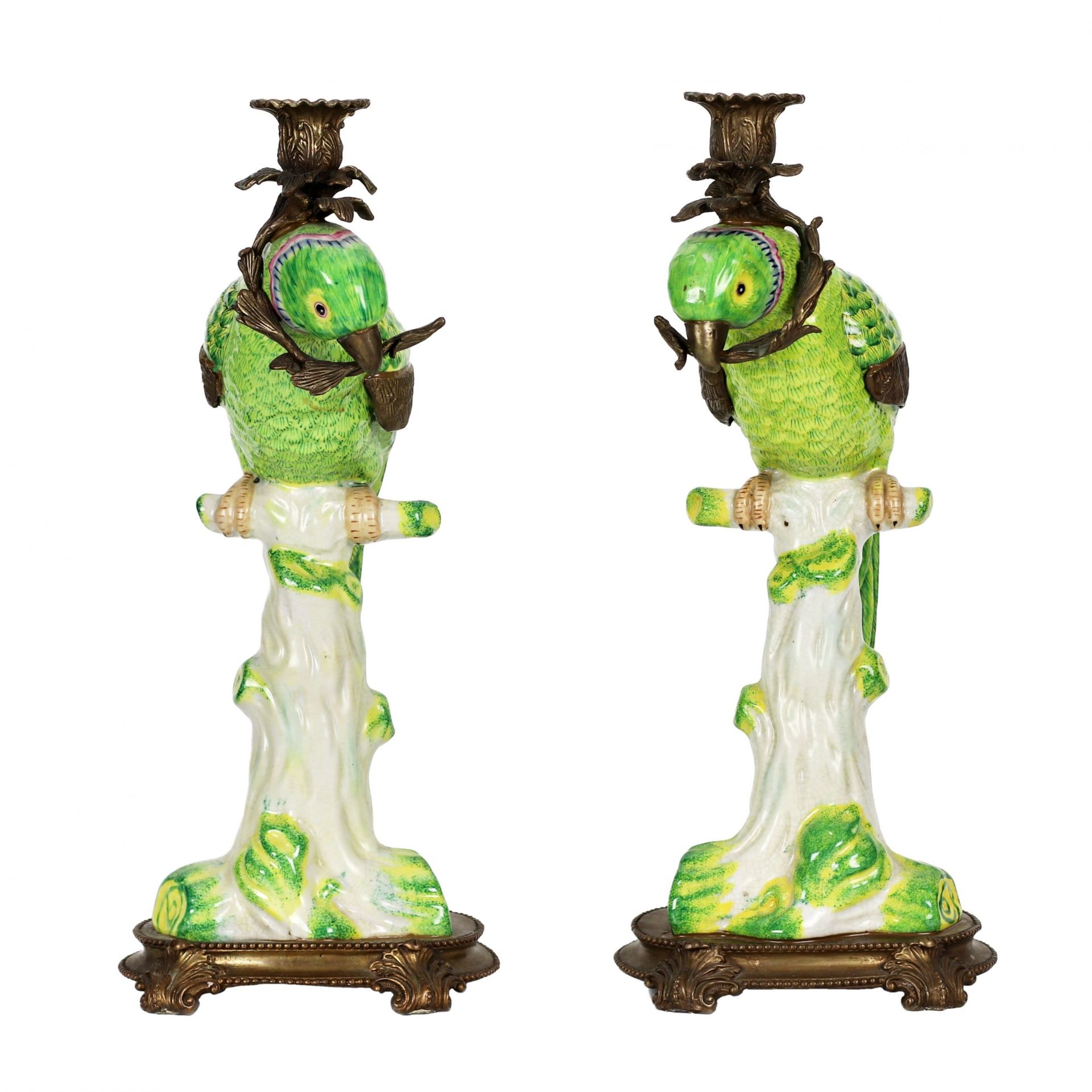 Pair of fine porcelain parrot candlesticks, with bronze. - Image 2 of 9