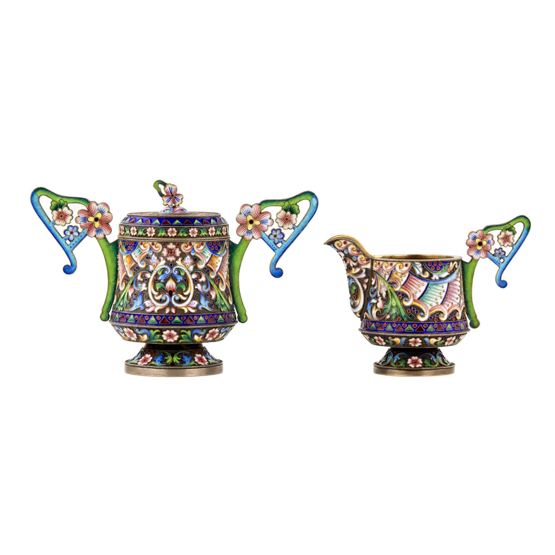 Art Nouveau cloisonne enamel Russian silver creamer and sugar bowl. - Image 2 of 9