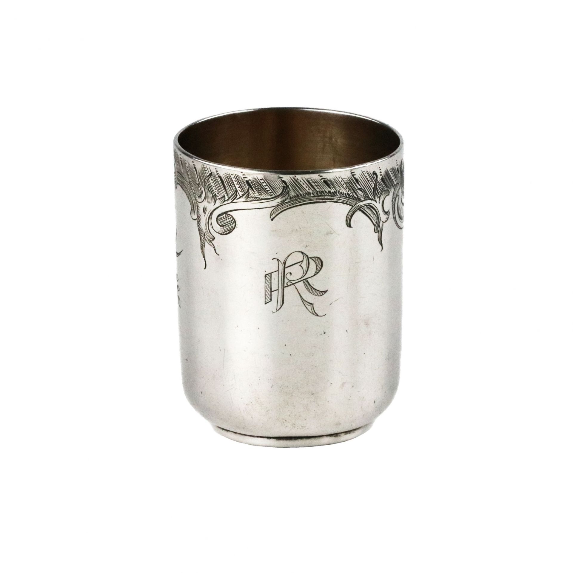 Ovchinnikov`s silver vodka cup with baroque ligature along the edge of the body. - Image 2 of 7