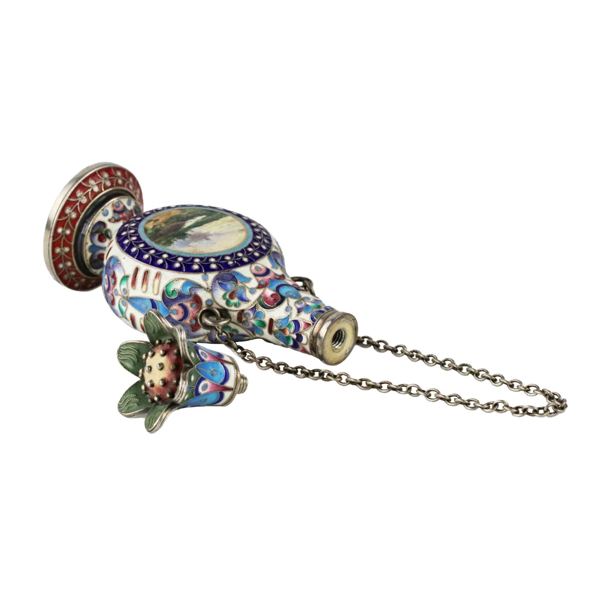 Silver perfume bottle in cloisonne enamel with painted miniatures. - Image 5 of 7