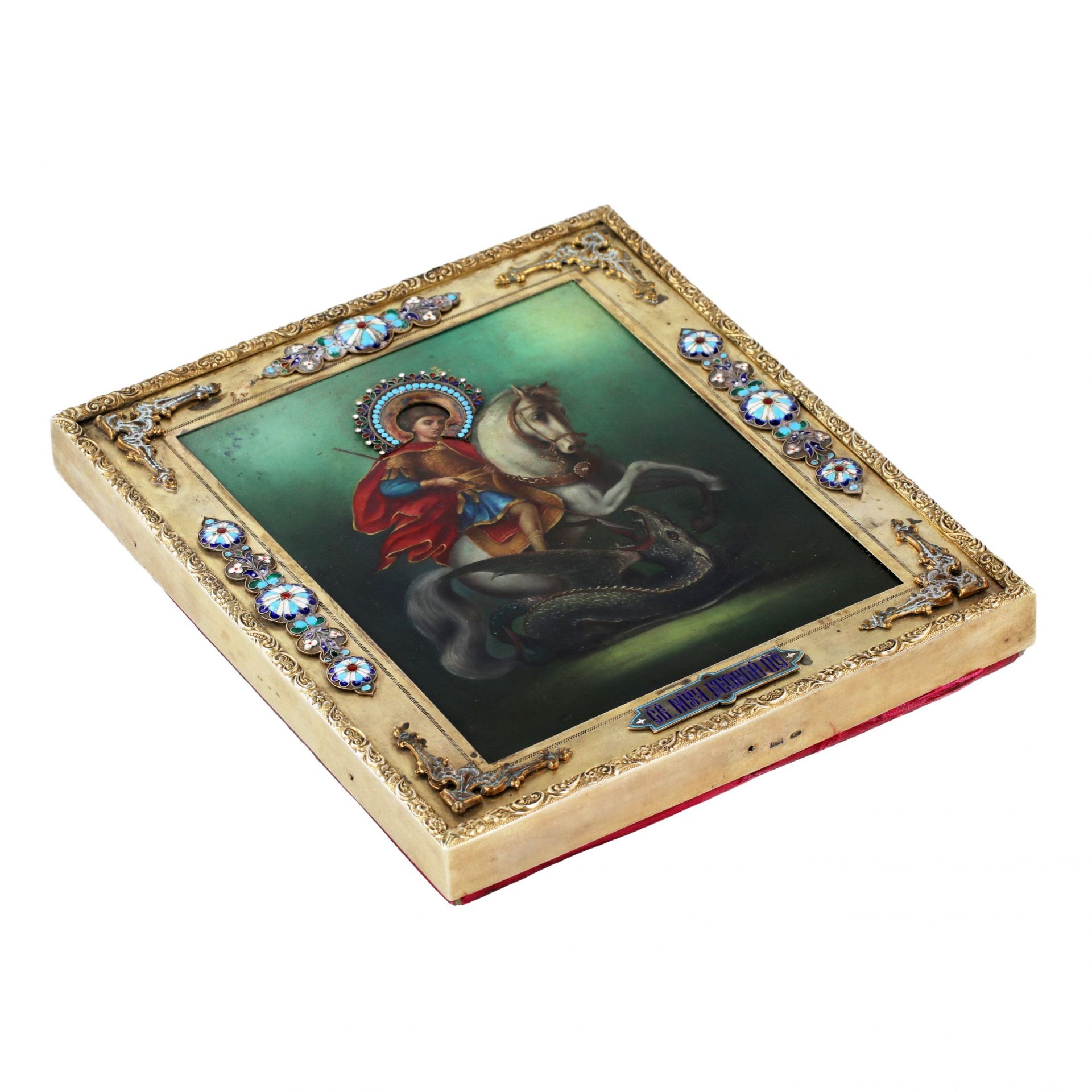 Icon of George the Victorious in a silver setting, with enamels of the 1st Moscow artel. - Image 3 of 6