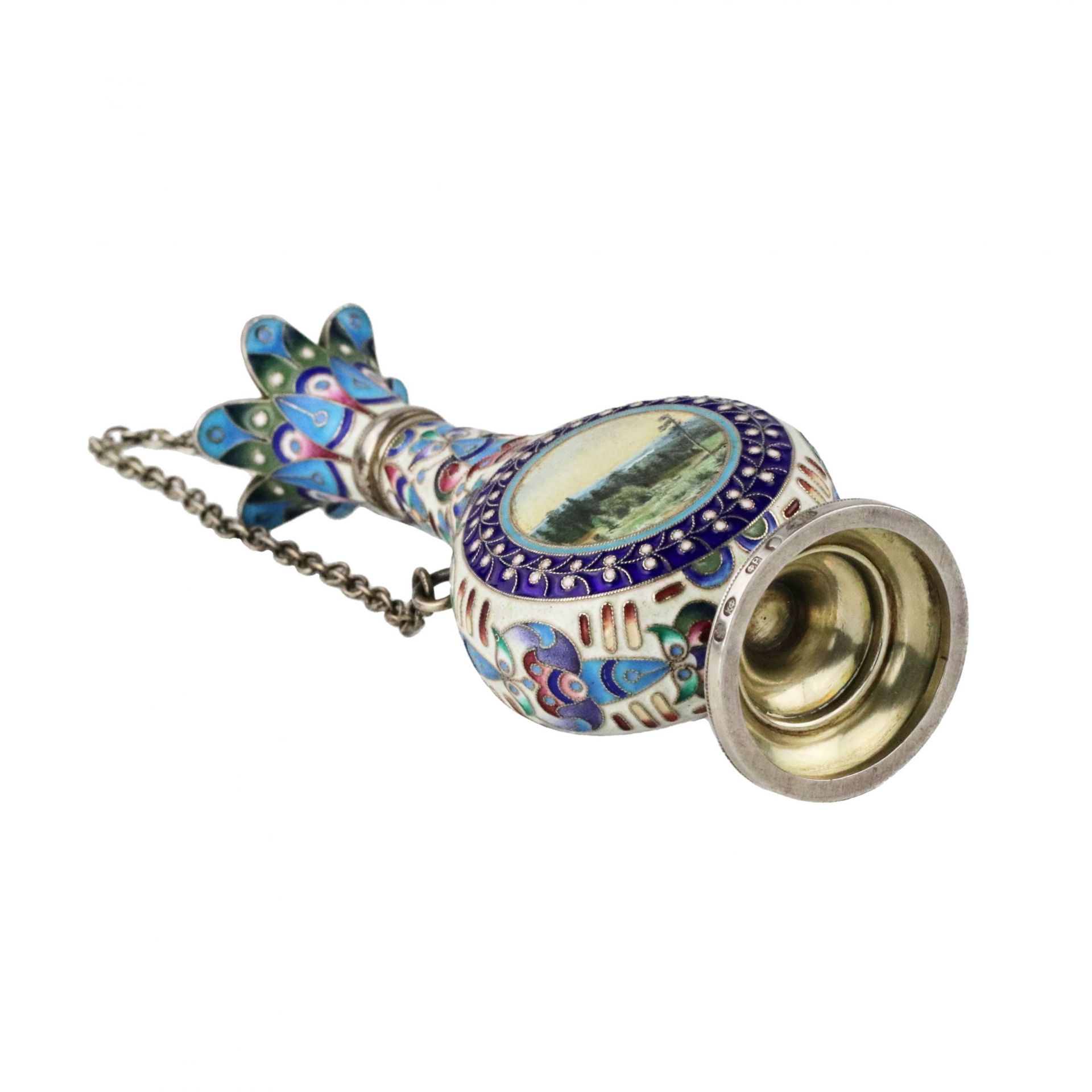 Silver perfume bottle in cloisonne enamel with painted miniatures. - Image 6 of 7