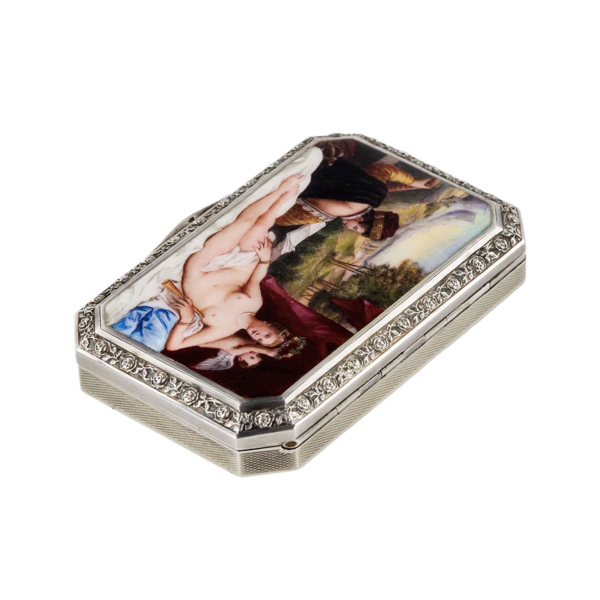 An elegant silver snuffbox with an enamel miniature of Venus and a lute player. Austria. 20th centur - Bild 4 aus 9