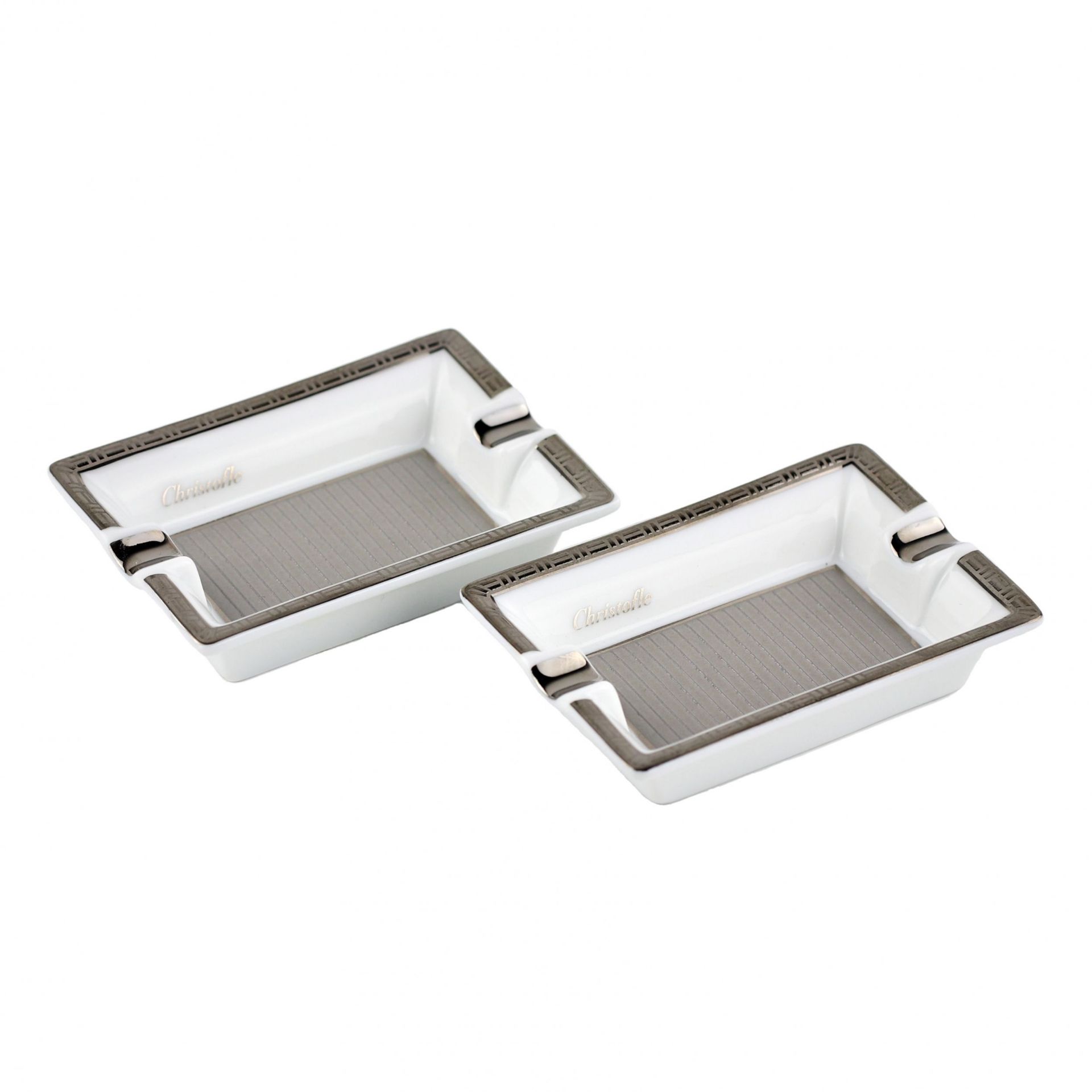 Two small, personalized, silver-plated Christofle porcelain ashtrays. - Image 2 of 5