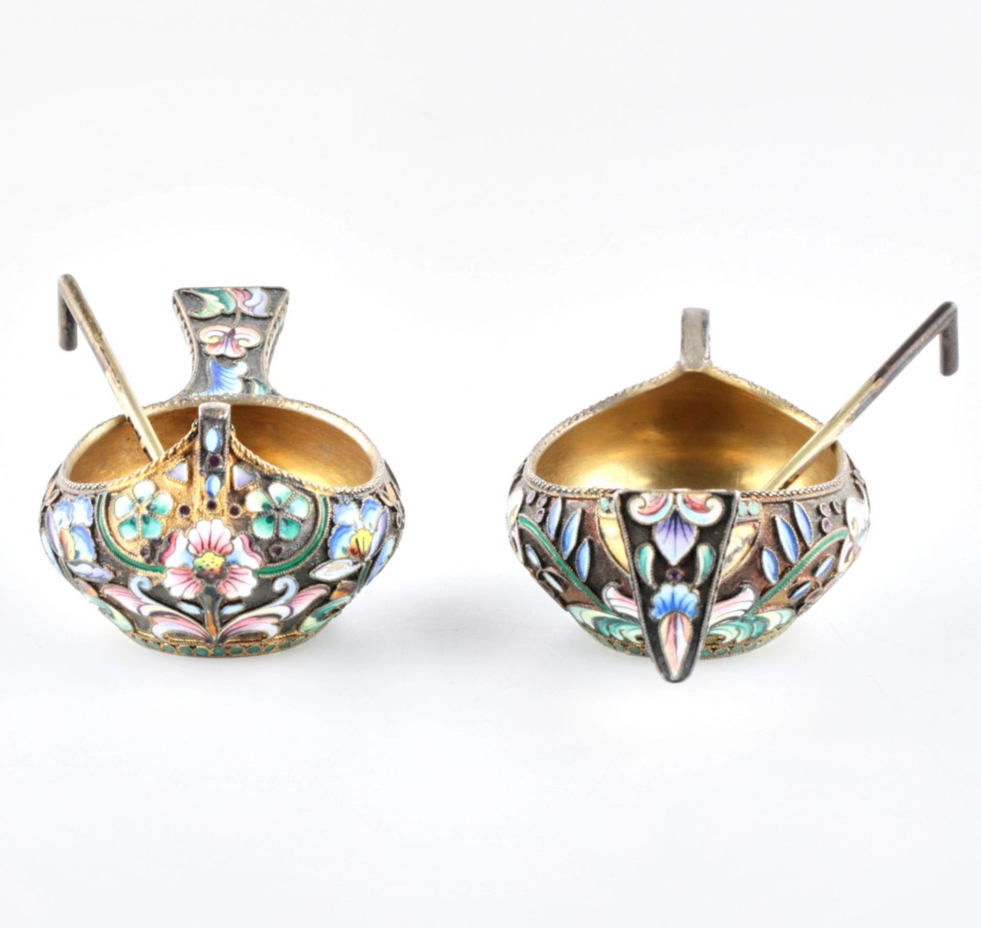 Pair of cloisonne enamel silver salt cellars - Image 4 of 8