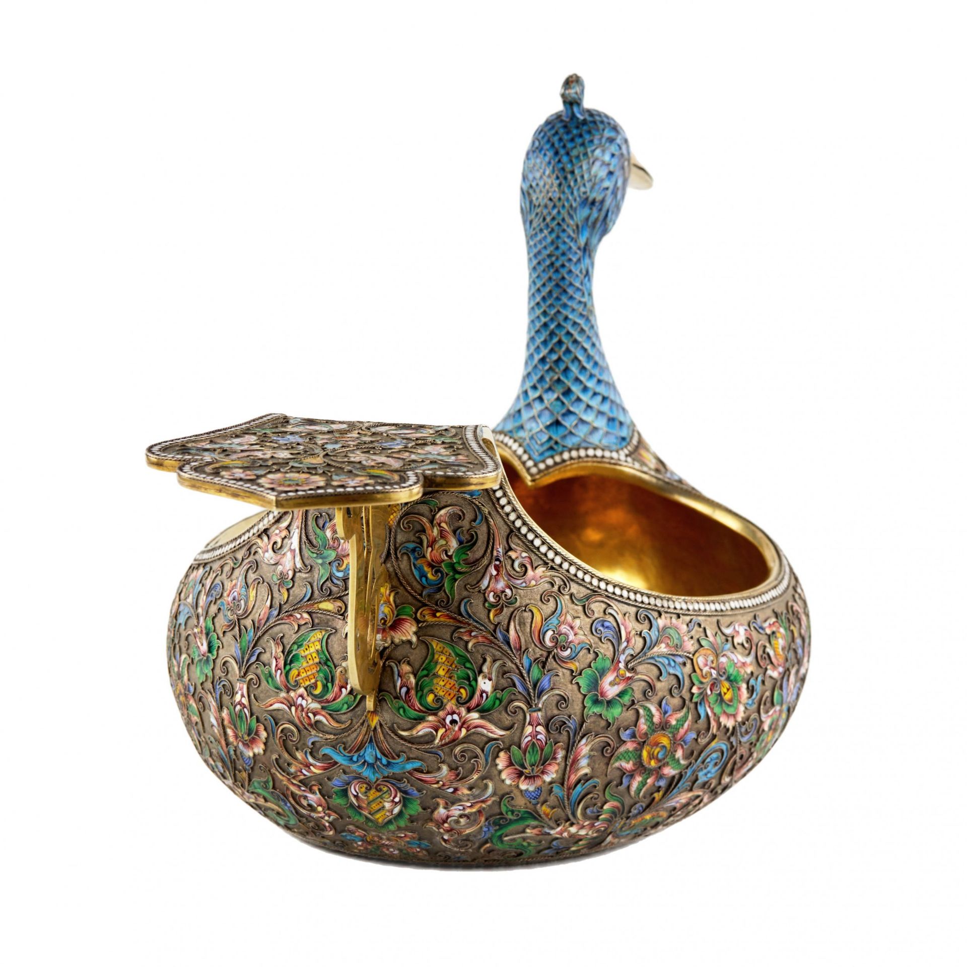 Magnificent silver Kovsh of cloisonne enamel Bekas, 8th artel. - Image 4 of 9