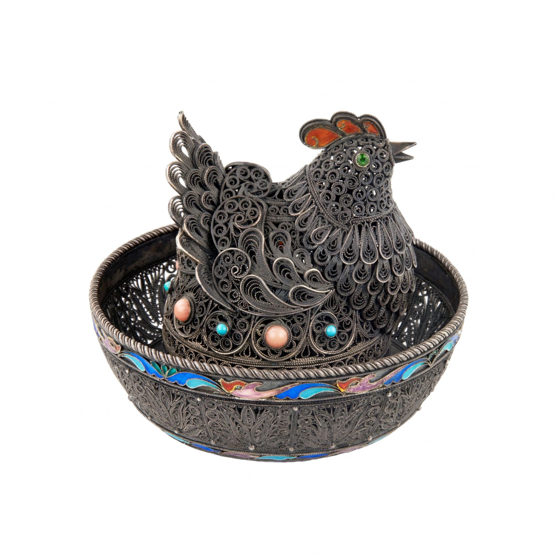 Easter plow pot made of silver with enamel - Hen.