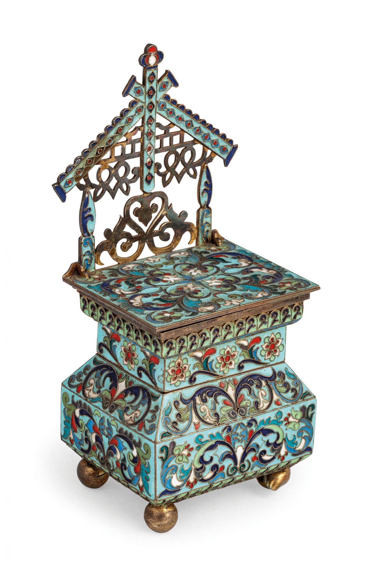 Two-piece silver salt-cellar-throne of cloisonne enamel.