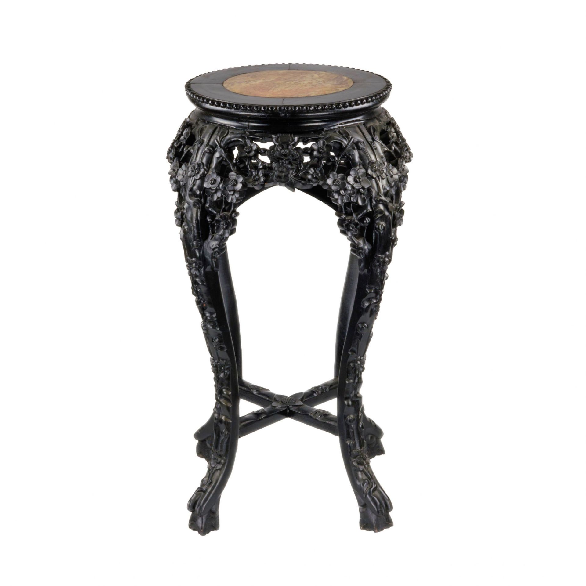 Carved, Chinese vase stand, ebony with marble.