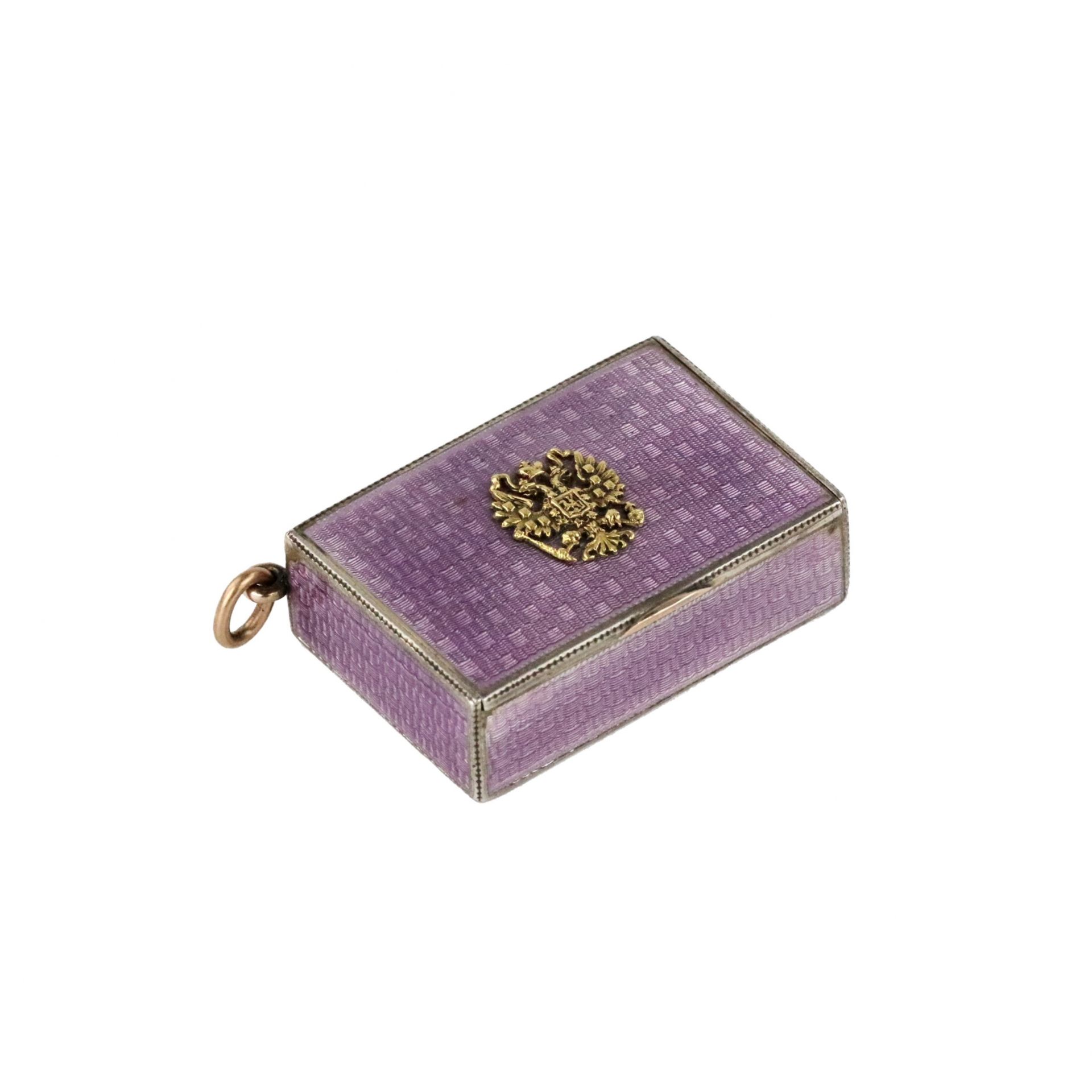 Silver snuff box-keychain of guilloche enamel with the coat of arms of Russia made of gold. - Image 2 of 7