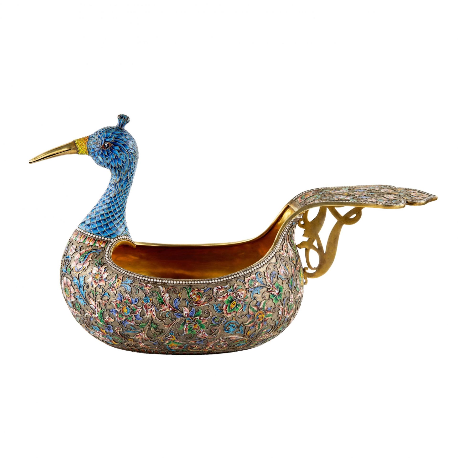 Magnificent silver Kovsh of cloisonne enamel Bekas, 8th artel. - Image 3 of 9