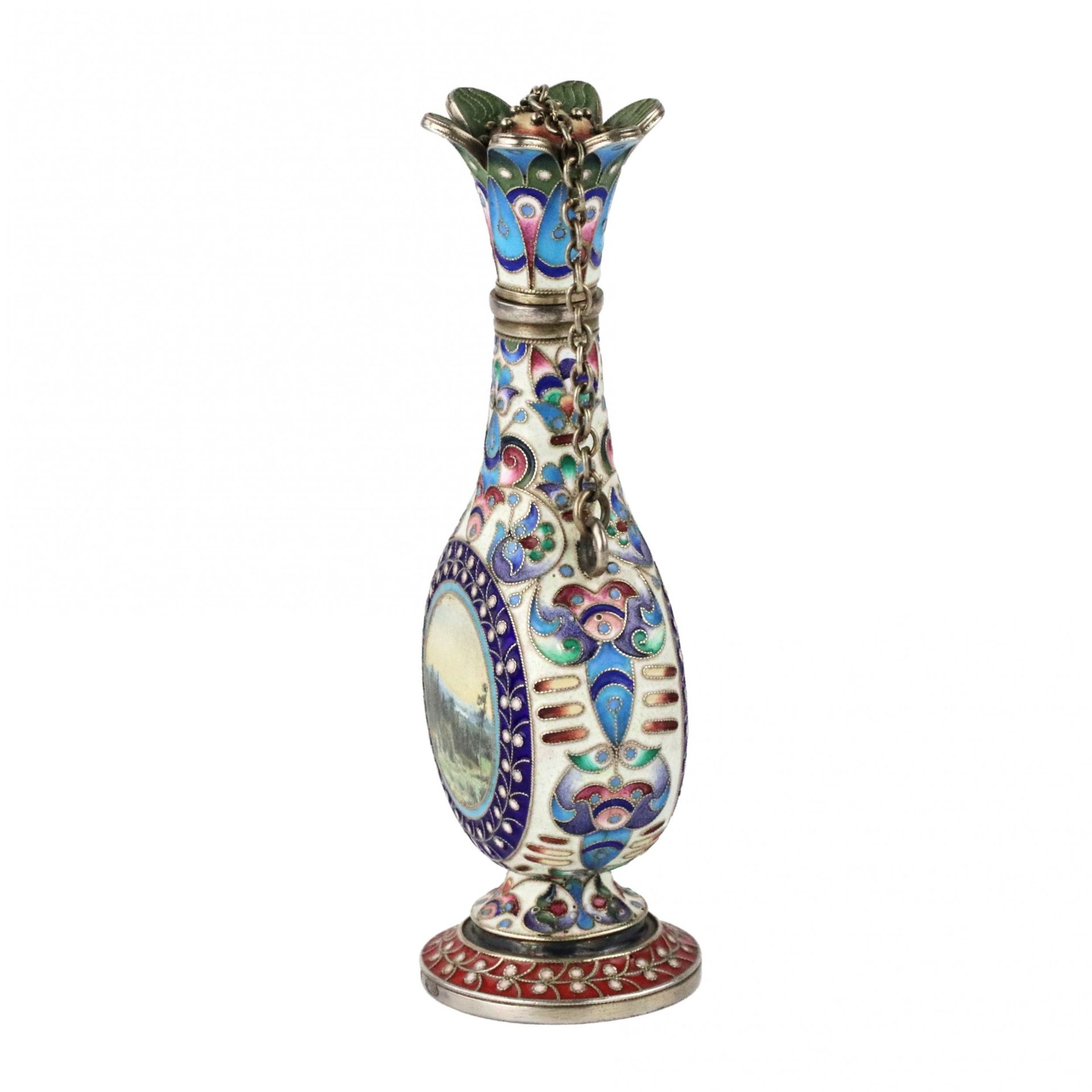 Silver perfume bottle in cloisonne enamel with painted miniatures. - Image 3 of 7