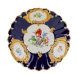 Gorgeous cobalt blue Meissen dish with gilding and delicate painting. 20th century.