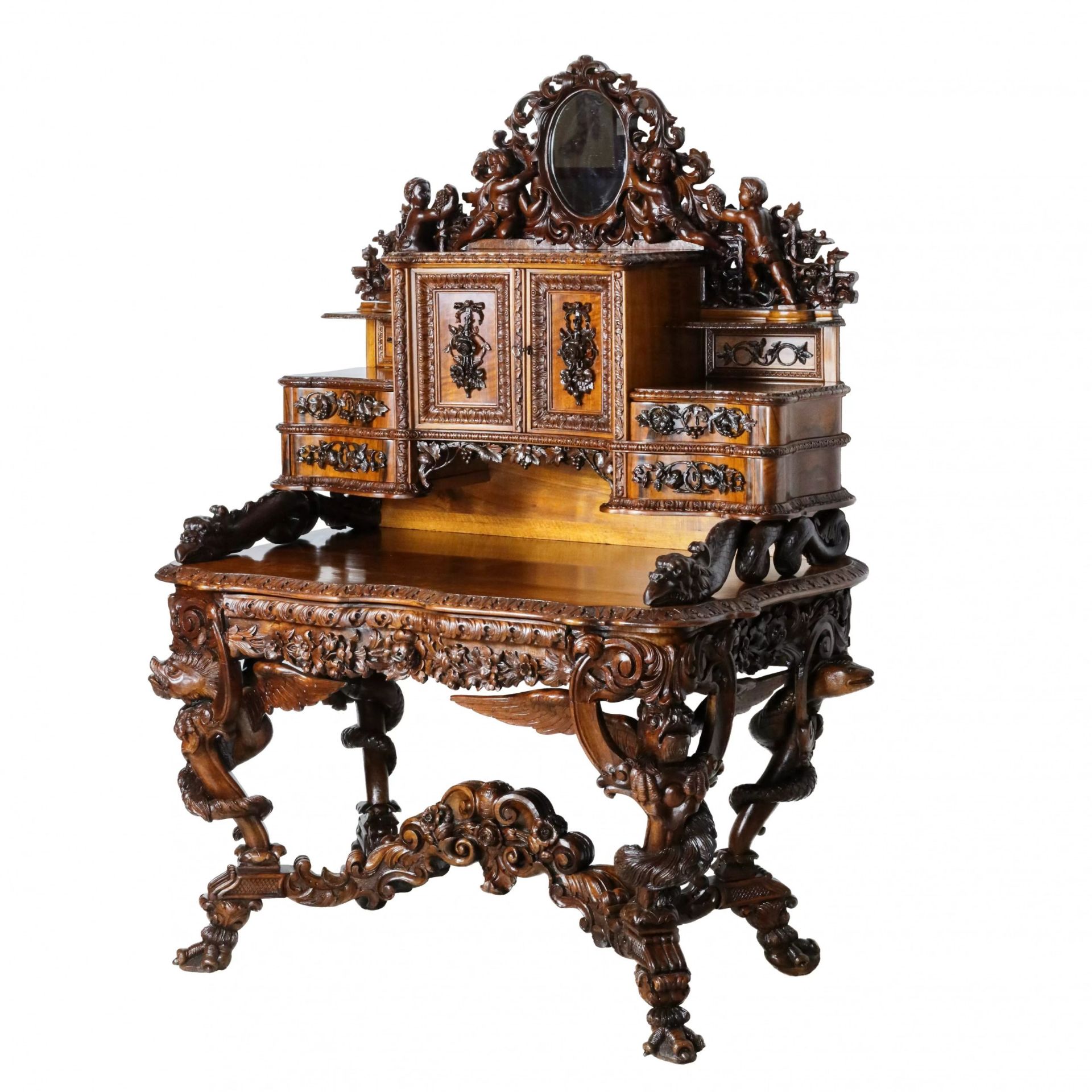 Magnificent carved bureau table in the Baroque Neo-Gothic style. France 19th century. - Bild 2 aus 8
