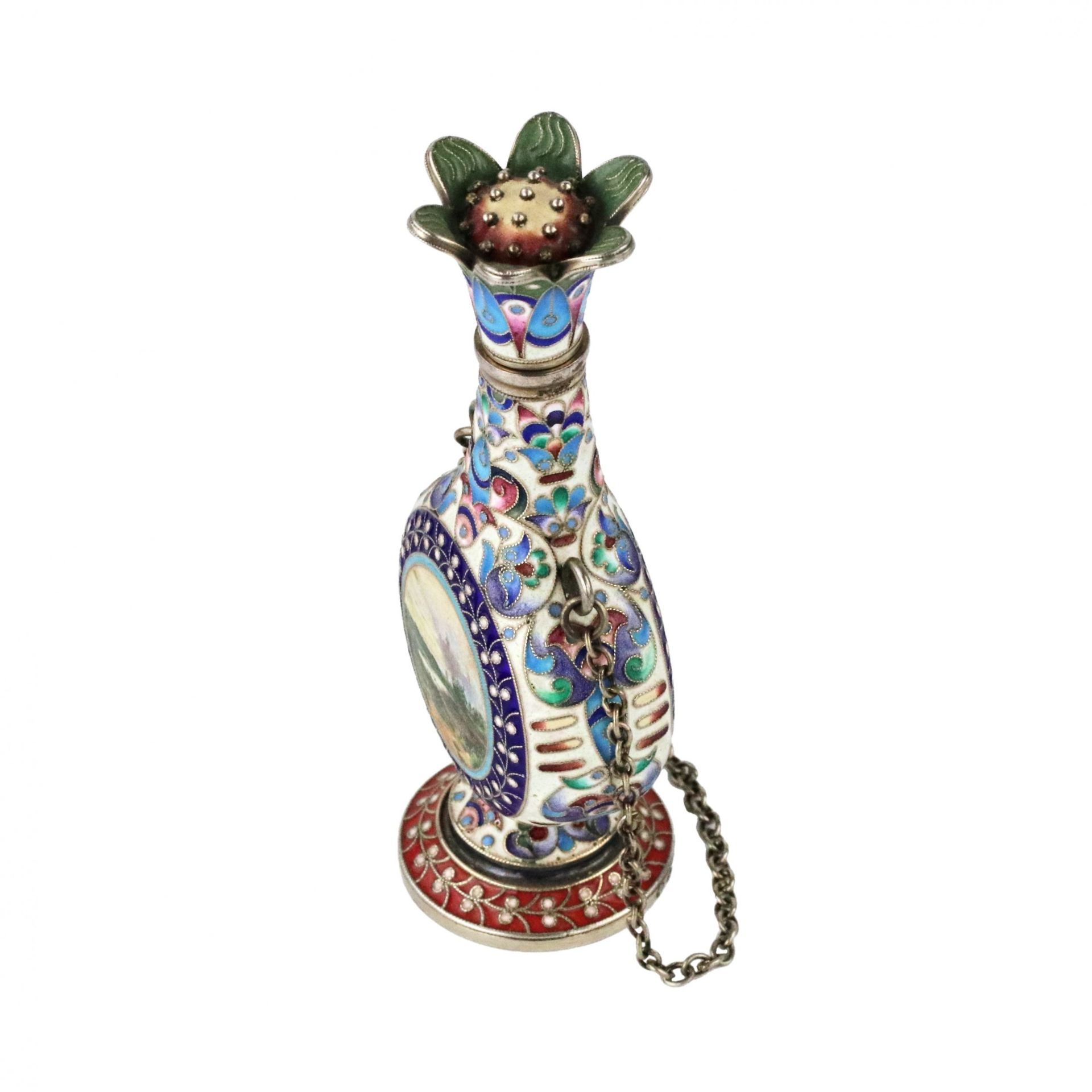 Silver perfume bottle in cloisonne enamel with painted miniatures. - Image 4 of 7