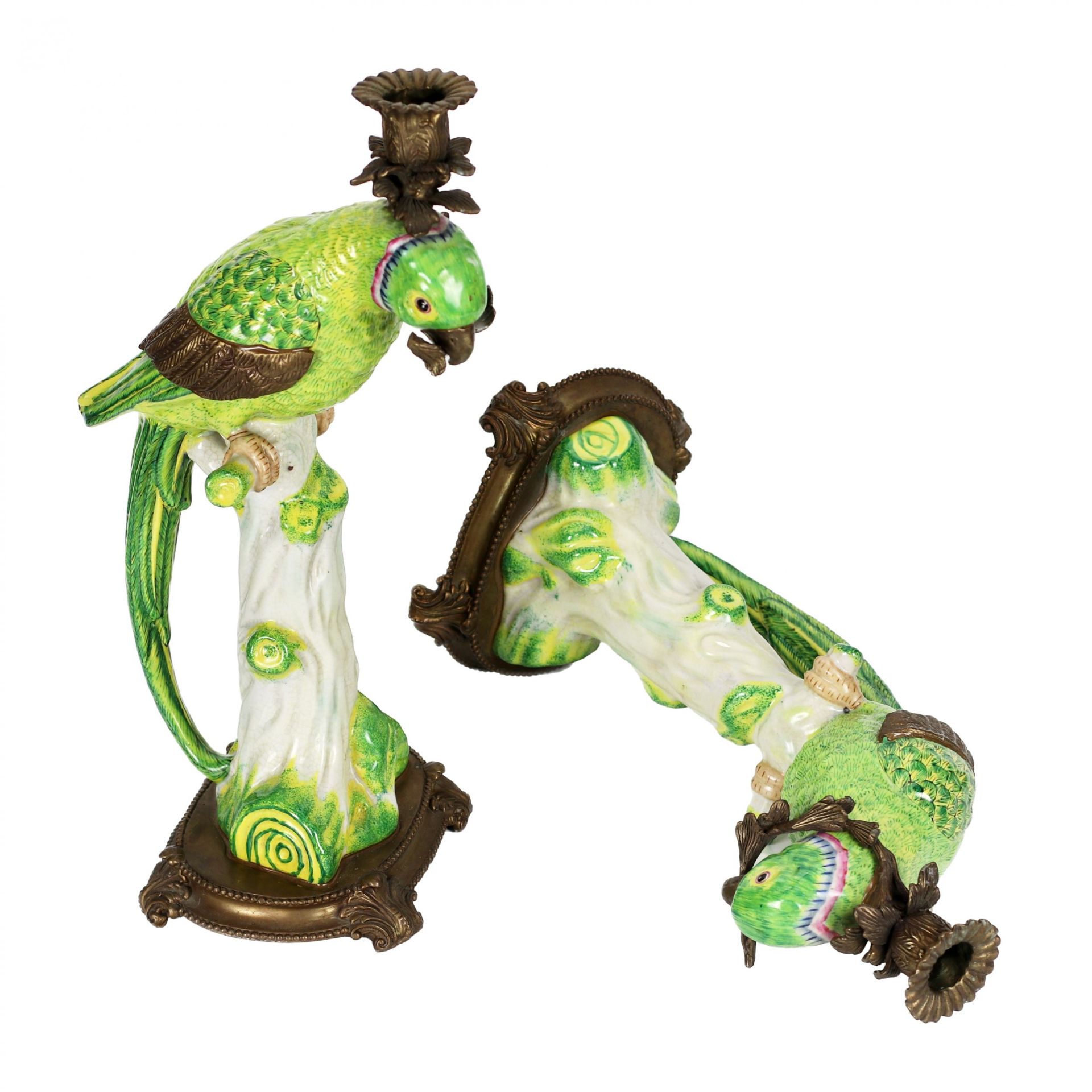Pair of fine porcelain parrot candlesticks, with bronze. - Image 7 of 9