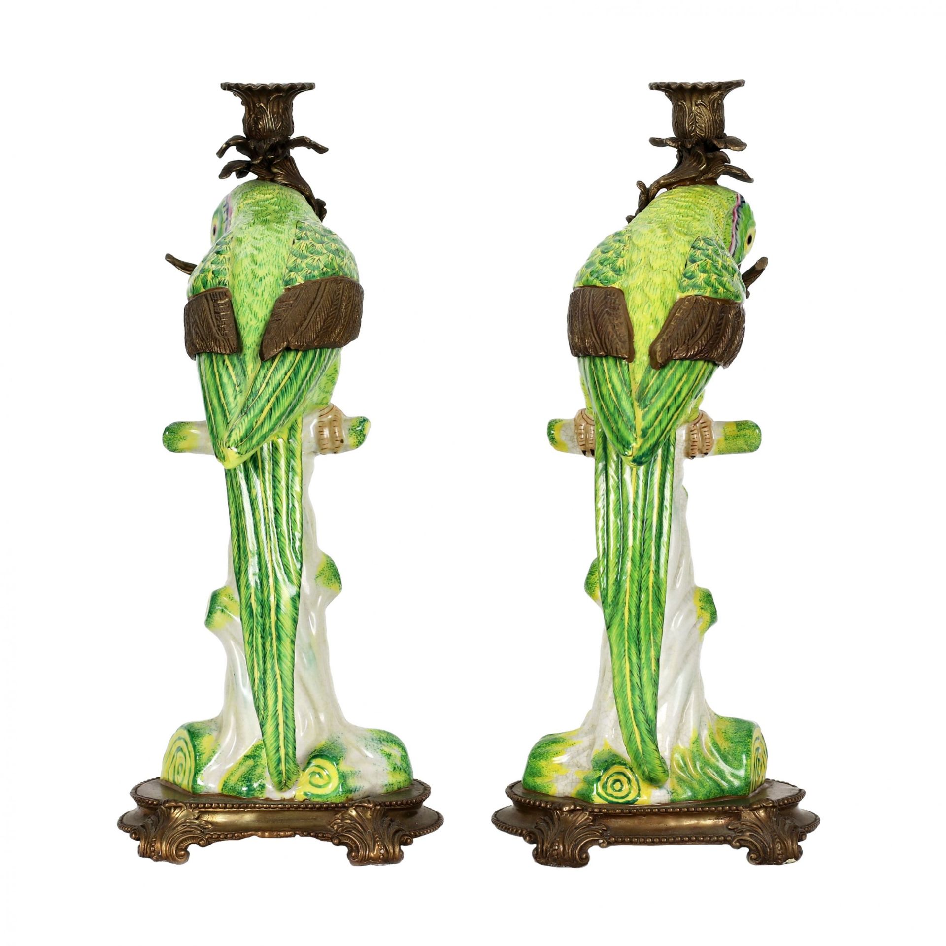 Pair of fine porcelain parrot candlesticks, with bronze. - Image 4 of 9