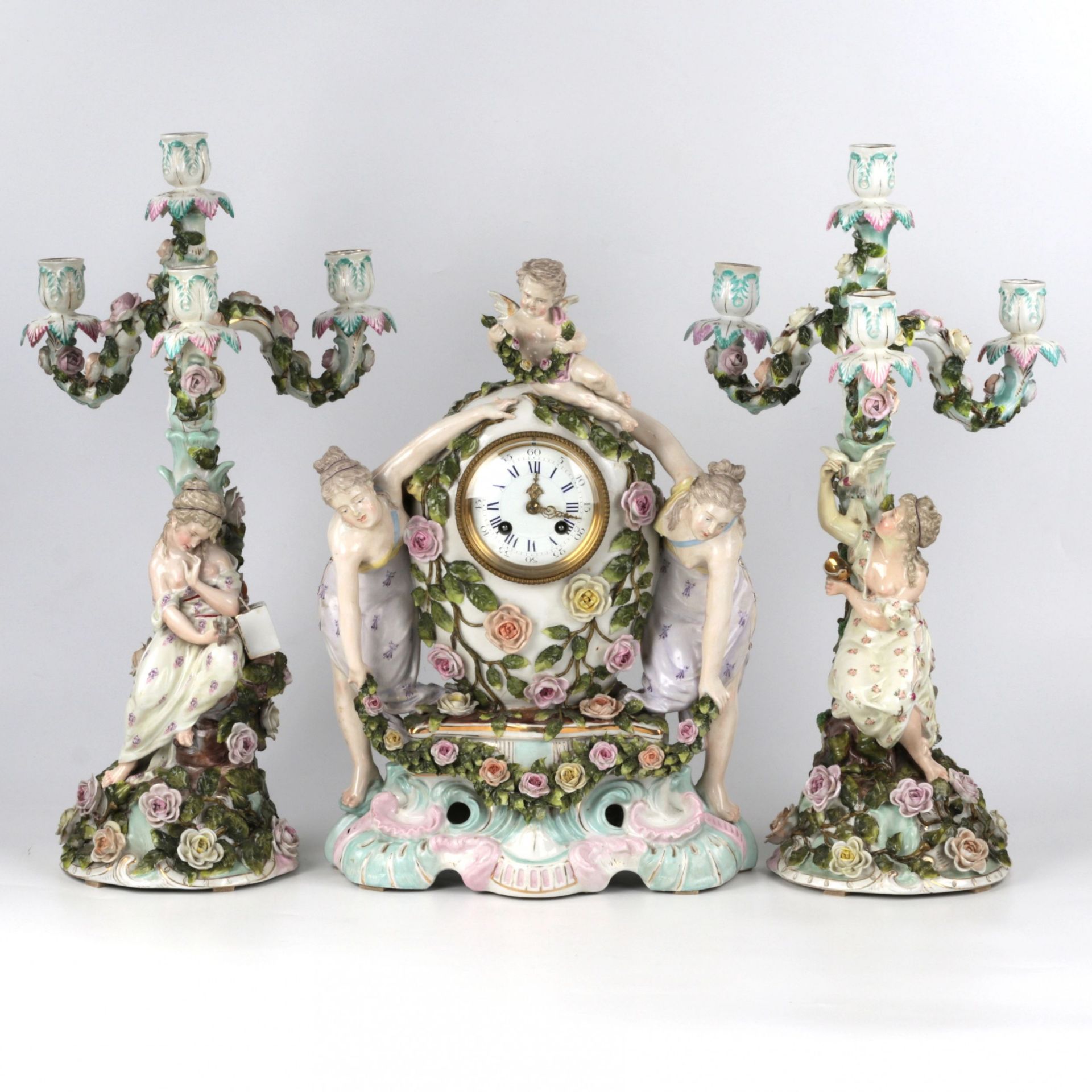 Porcelain watch set with candelabra.Sietzendorf 1880