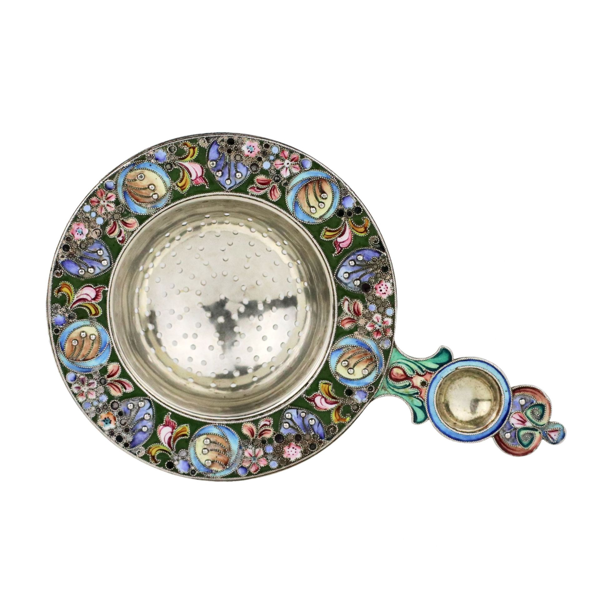 Russian silver tea strainer, with enamel decor, in the spirit of Russian Art Nouveau.