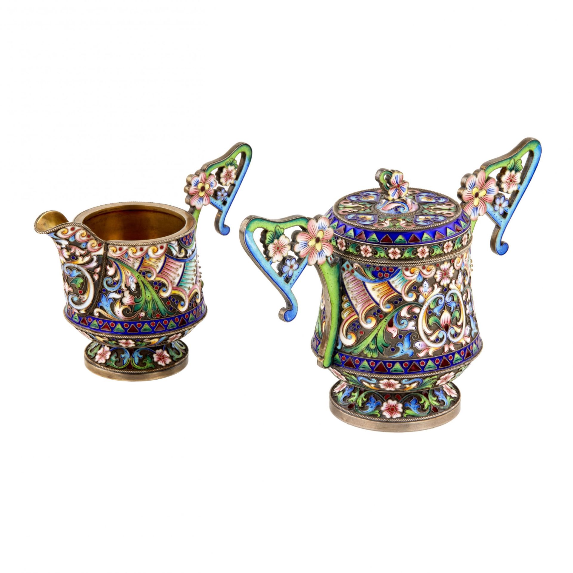 Art Nouveau cloisonne enamel Russian silver creamer and sugar bowl. - Image 5 of 9