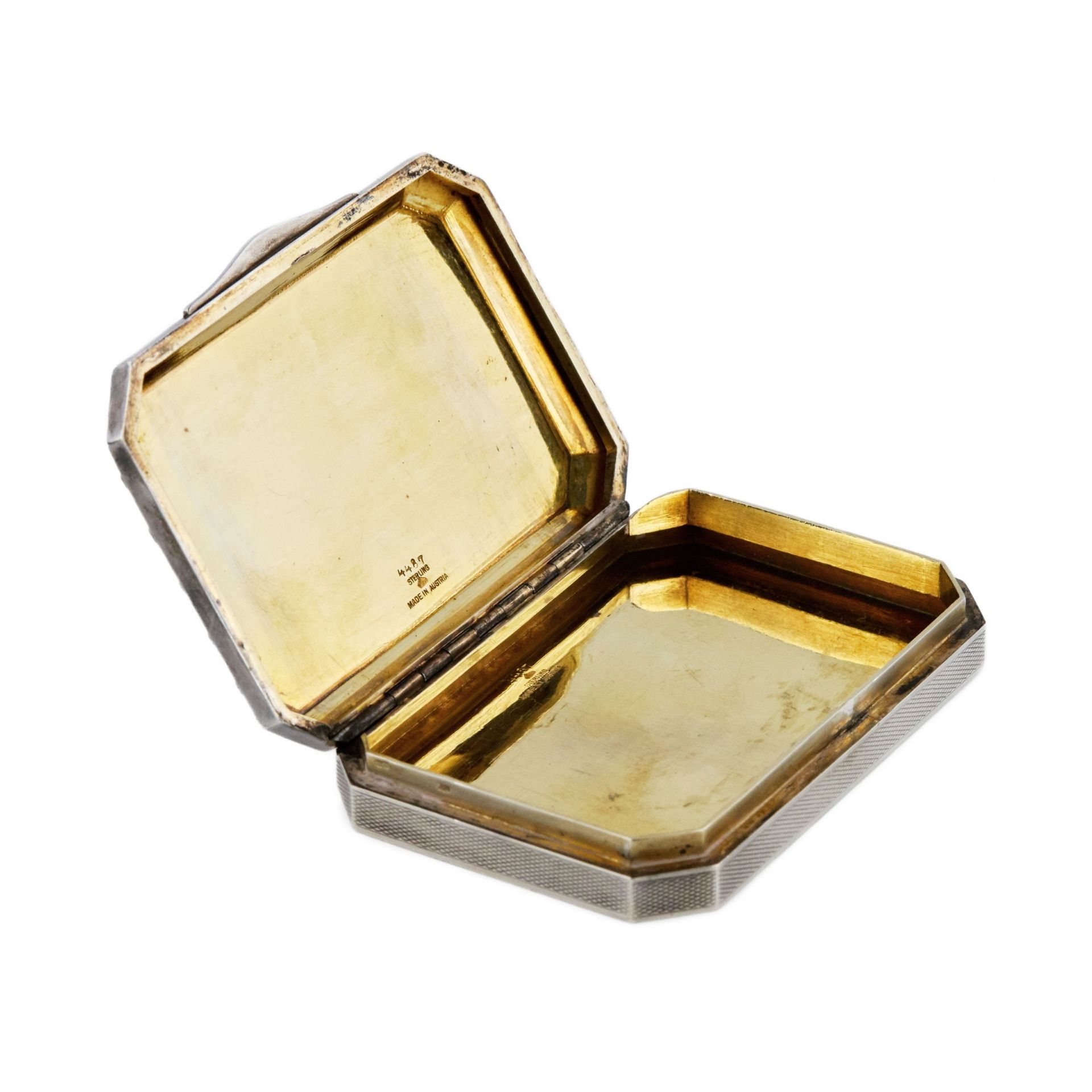 An elegant silver snuffbox with an enamel miniature of Venus and a lute player. Austria. 20th centur - Bild 7 aus 9