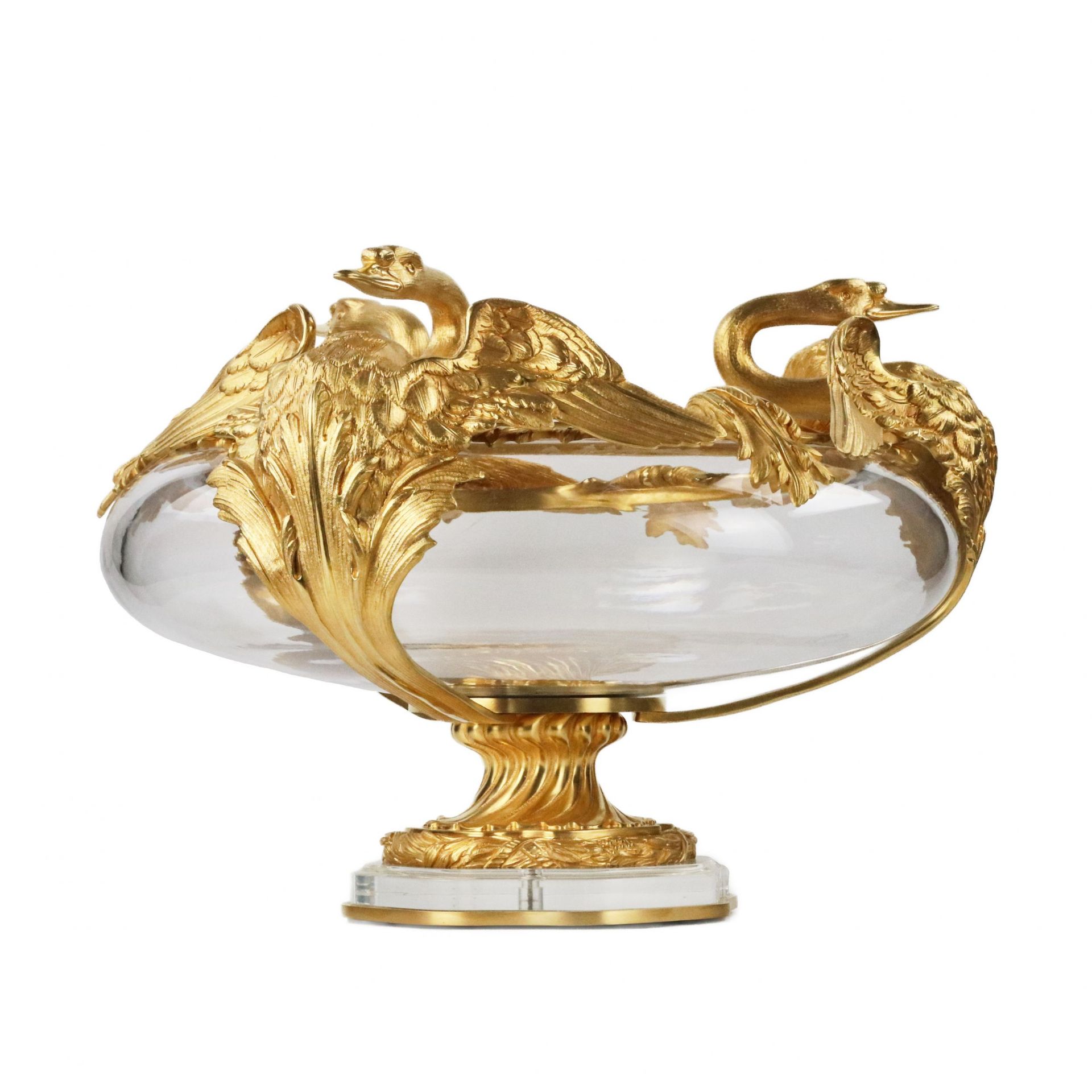 Pair of round vases in cast glass and gilded bronze with swans motif. France 20th century. - Bild 7 aus 8