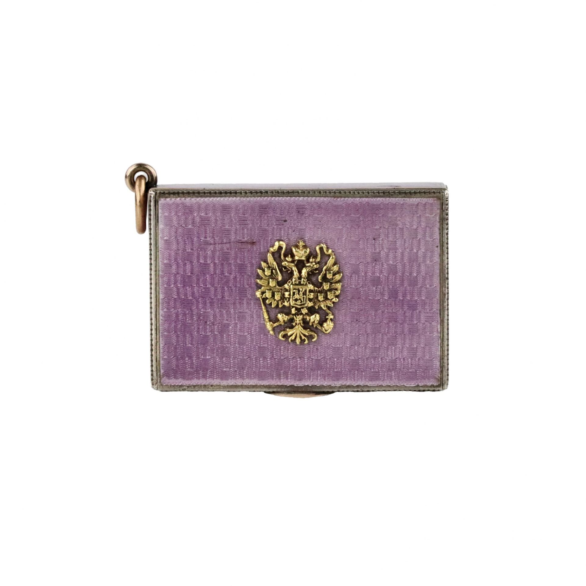 Silver snuff box-keychain of guilloche enamel with the coat of arms of Russia made of gold. - Image 3 of 7