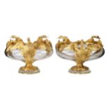Pair of round vases in cast glass and gilded bronze with swans motif. France 20th century.