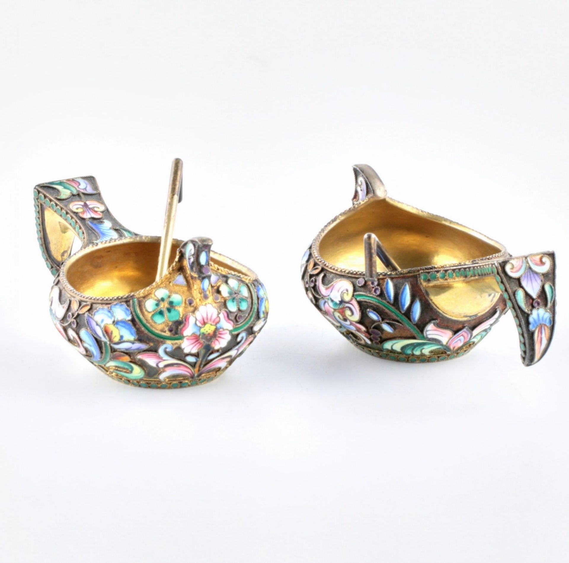 Pair of cloisonne enamel silver salt cellars - Image 2 of 8