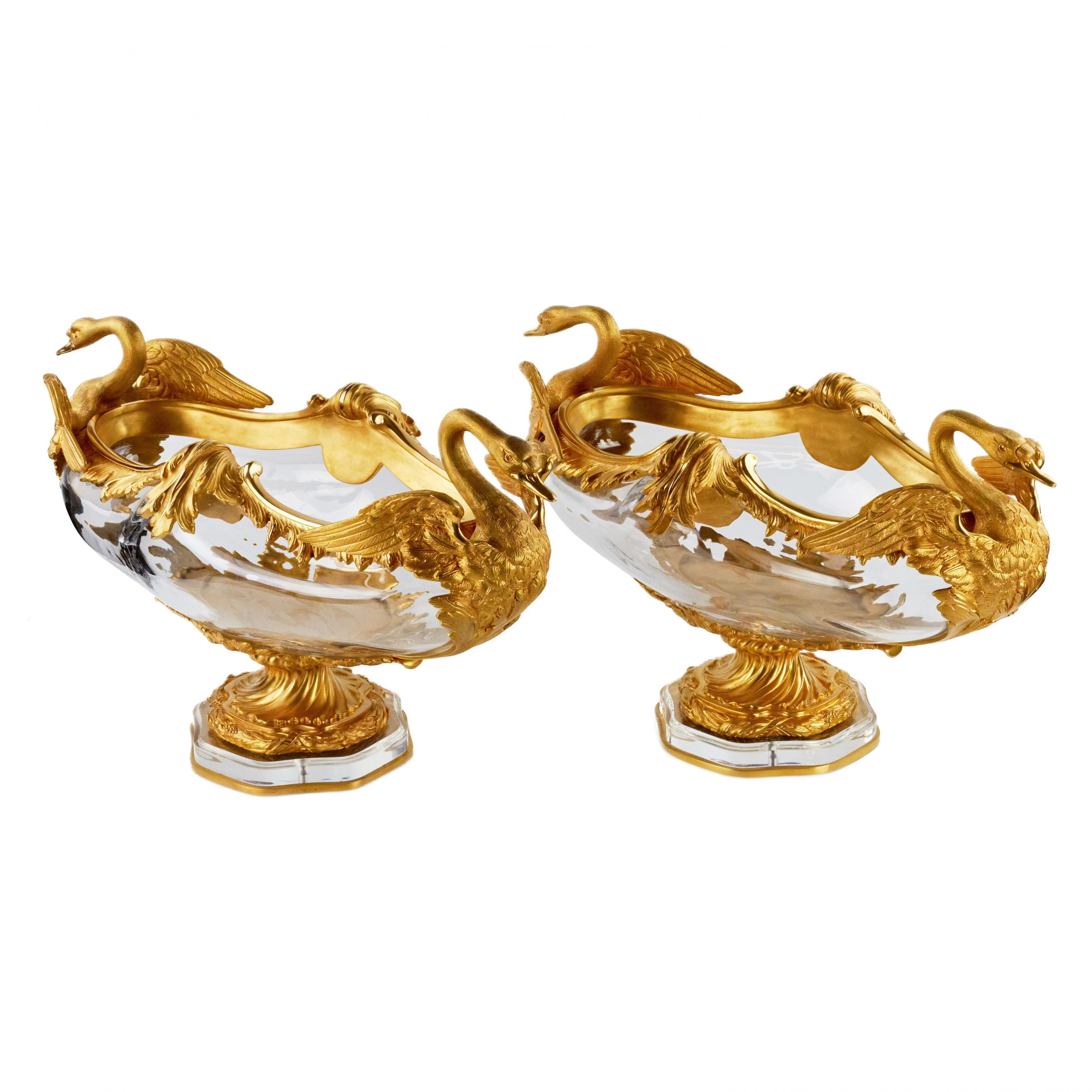 Pair of oval vases in cast glass and gilt bronze, with swan motif. - Image 3 of 8