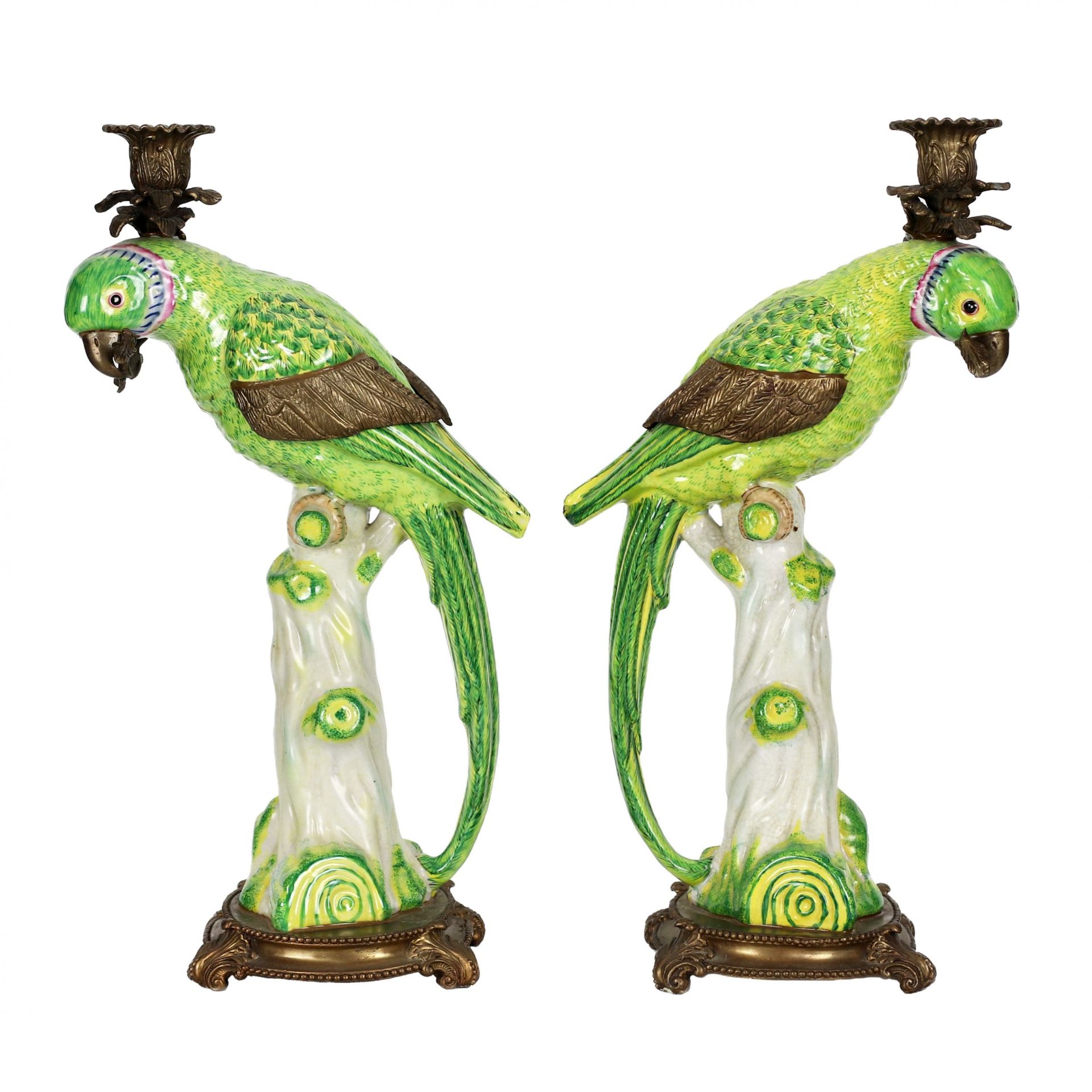 Pair of fine porcelain parrot candlesticks, with bronze. - Image 3 of 9