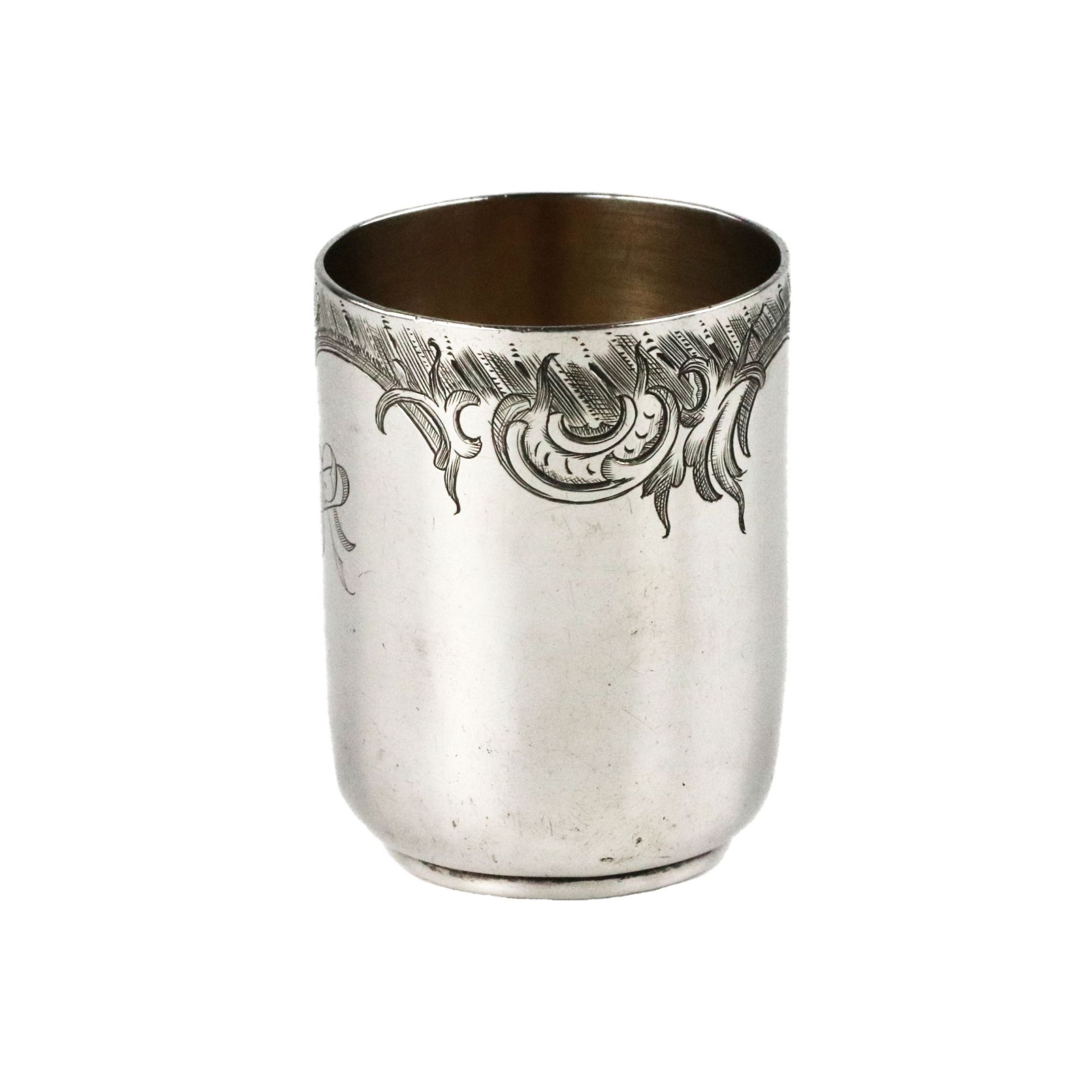 Ovchinnikov`s silver vodka cup with baroque ligature along the edge of the body. - Image 3 of 7