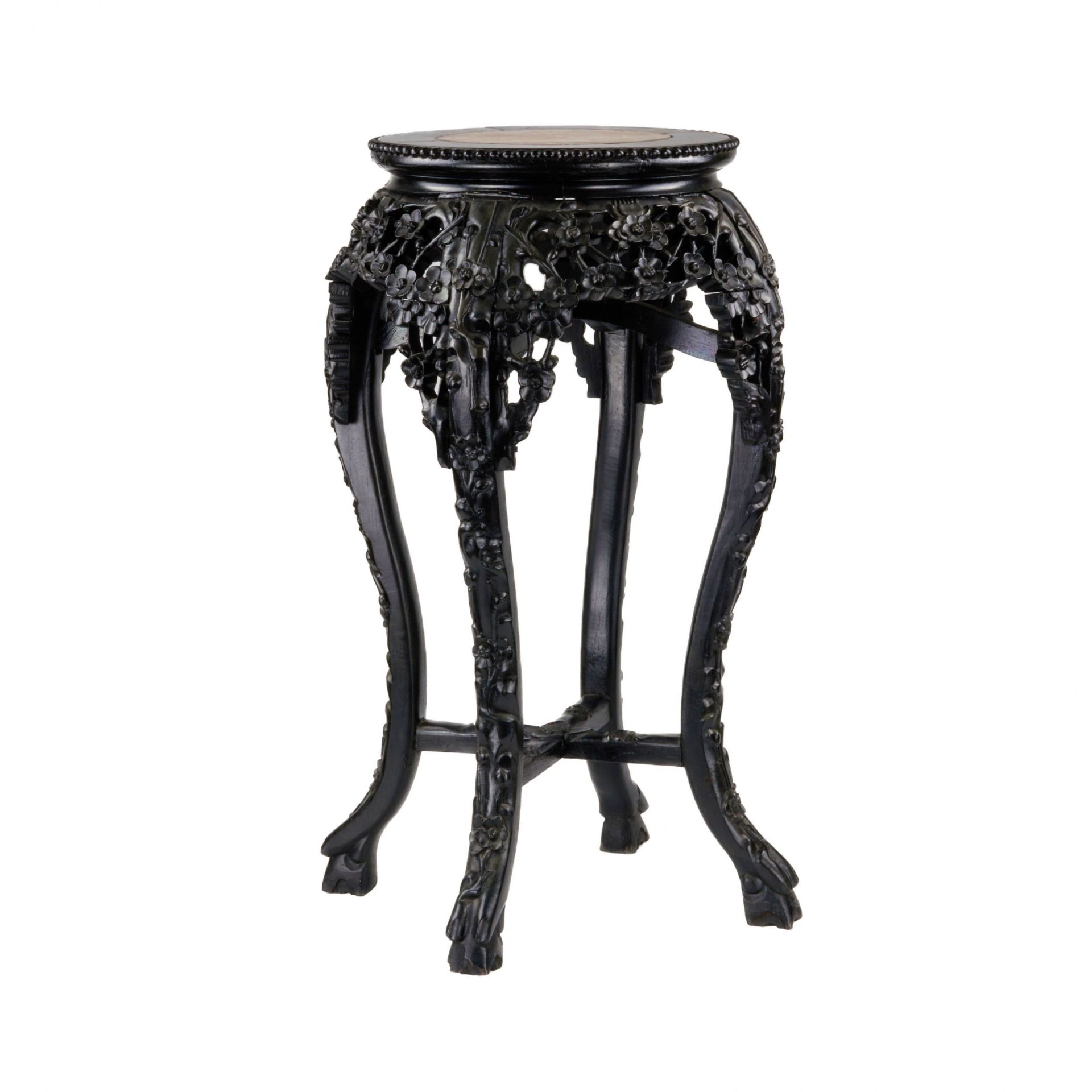 Carved, Chinese vase stand, ebony with marble. - Bild 3 aus 4