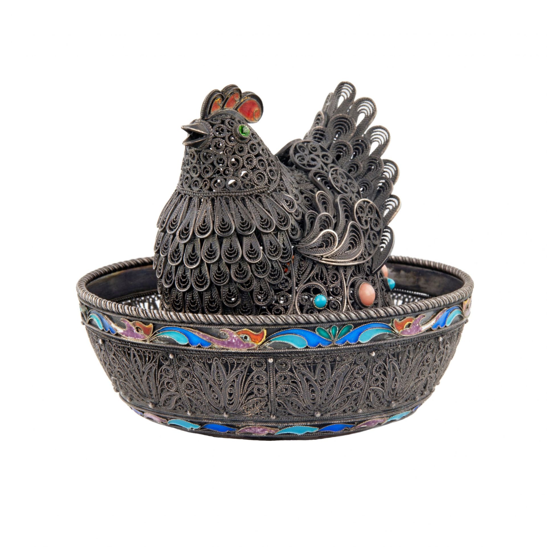 Easter plow pot made of silver with enamel - Hen. - Image 3 of 7