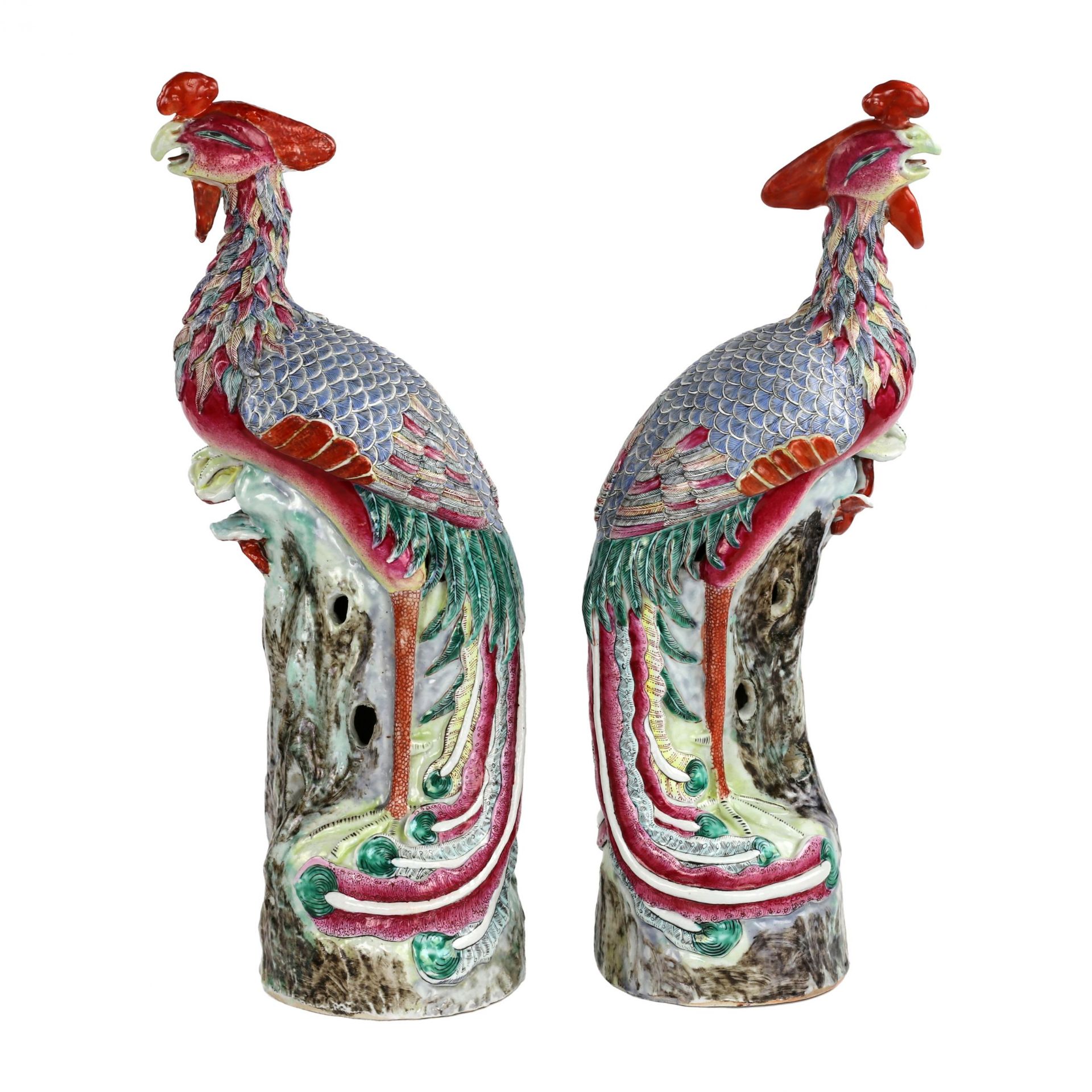 Large pair of Chinese porcelain phoenix birds from the late Qing period (1644-1912). - Image 2 of 6