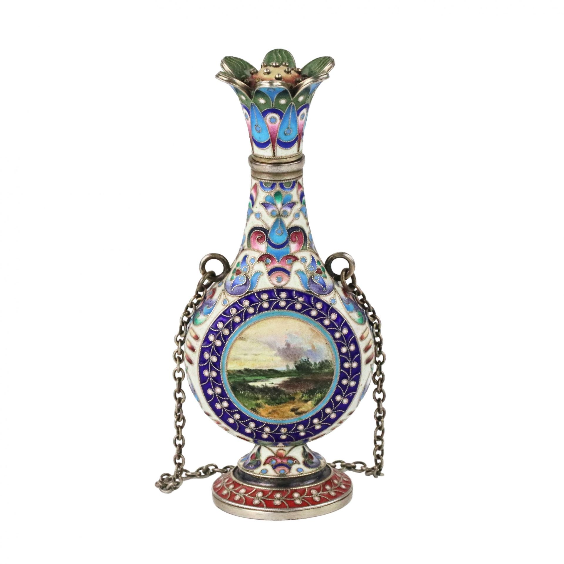 Silver perfume bottle in cloisonne enamel with painted miniatures.