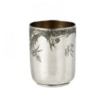 Ovchinnikov`s silver vodka cup with baroque ligature along the edge of the body.