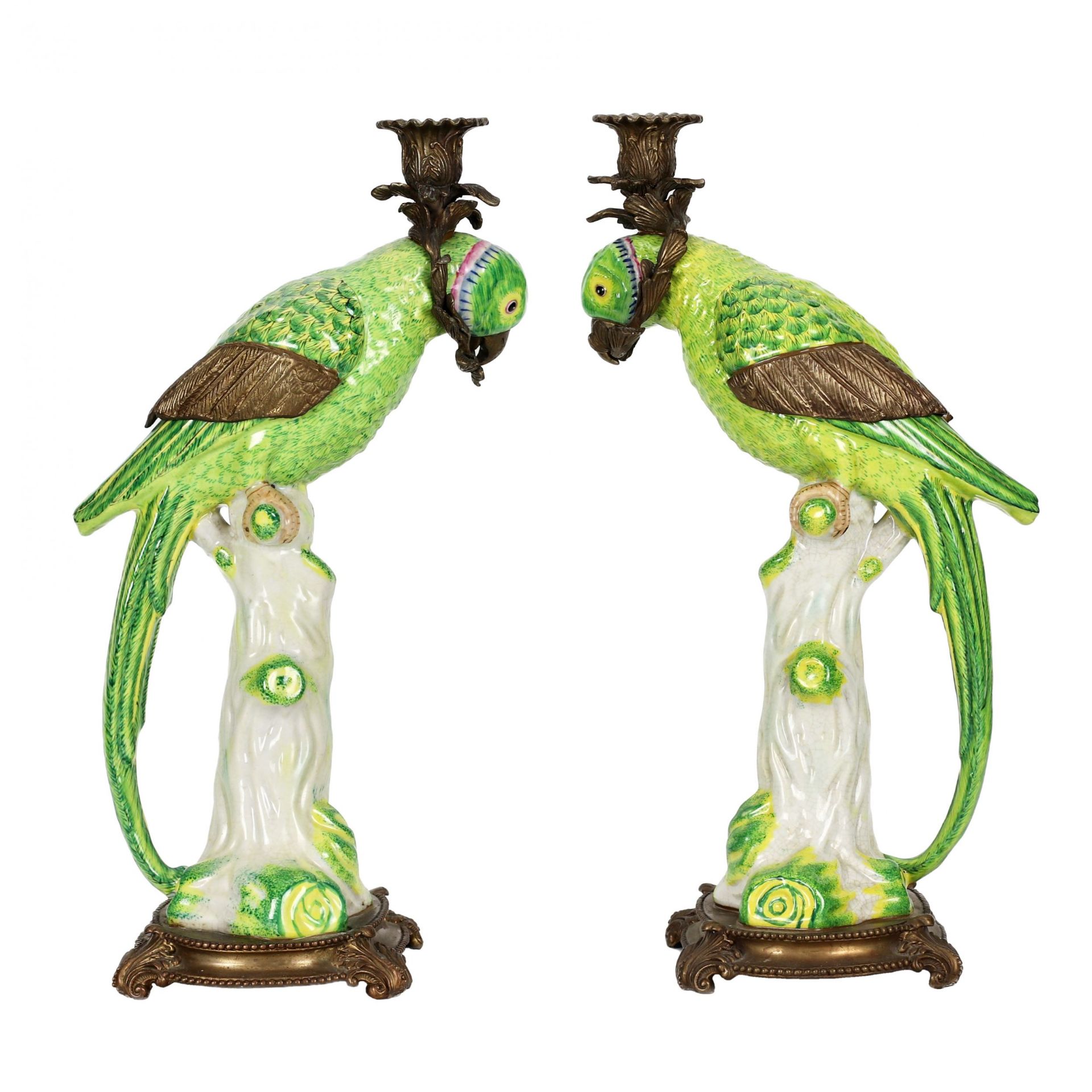 Pair of fine porcelain parrot candlesticks, with bronze. - Image 5 of 9