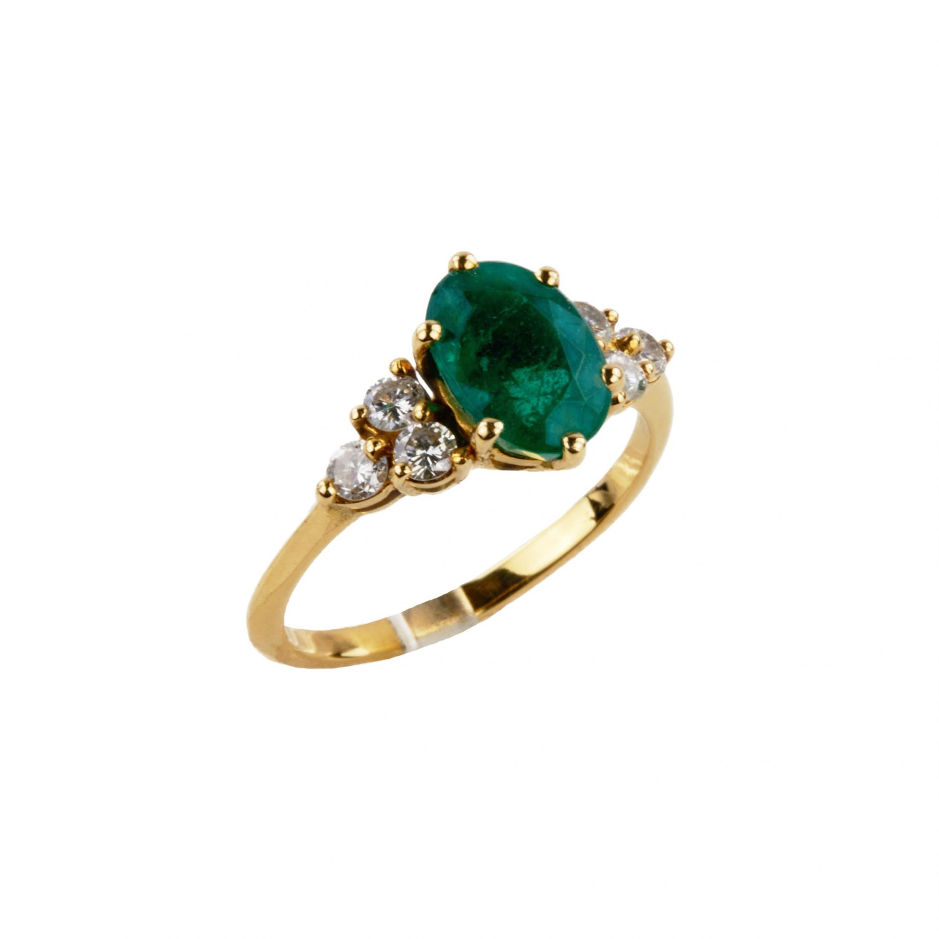 Gold ring with emerald and diamonds, classic design, total weight 3.10 gr. Colombian emerald 1.6 ct. - Bild 2 aus 5