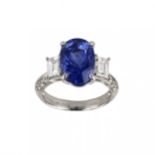 Unique, women`s ring in platinum with natural sapphire 7.31k and diamonds.
