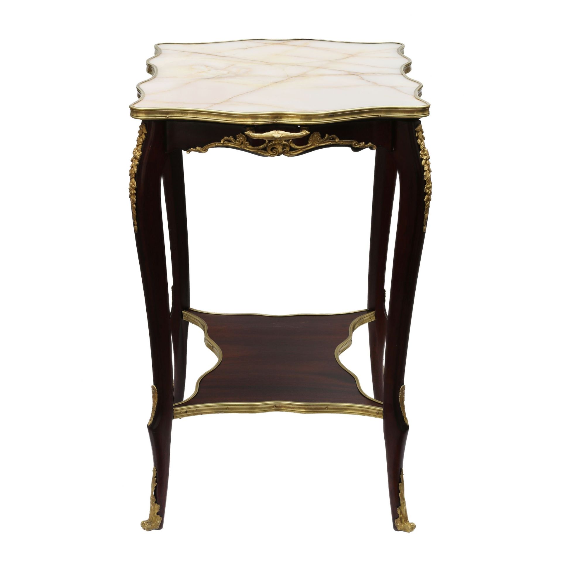 Serving table mahogany, gilded bronze with a marble top of the turn of the 19th and 20th centuries. - Image 4 of 5