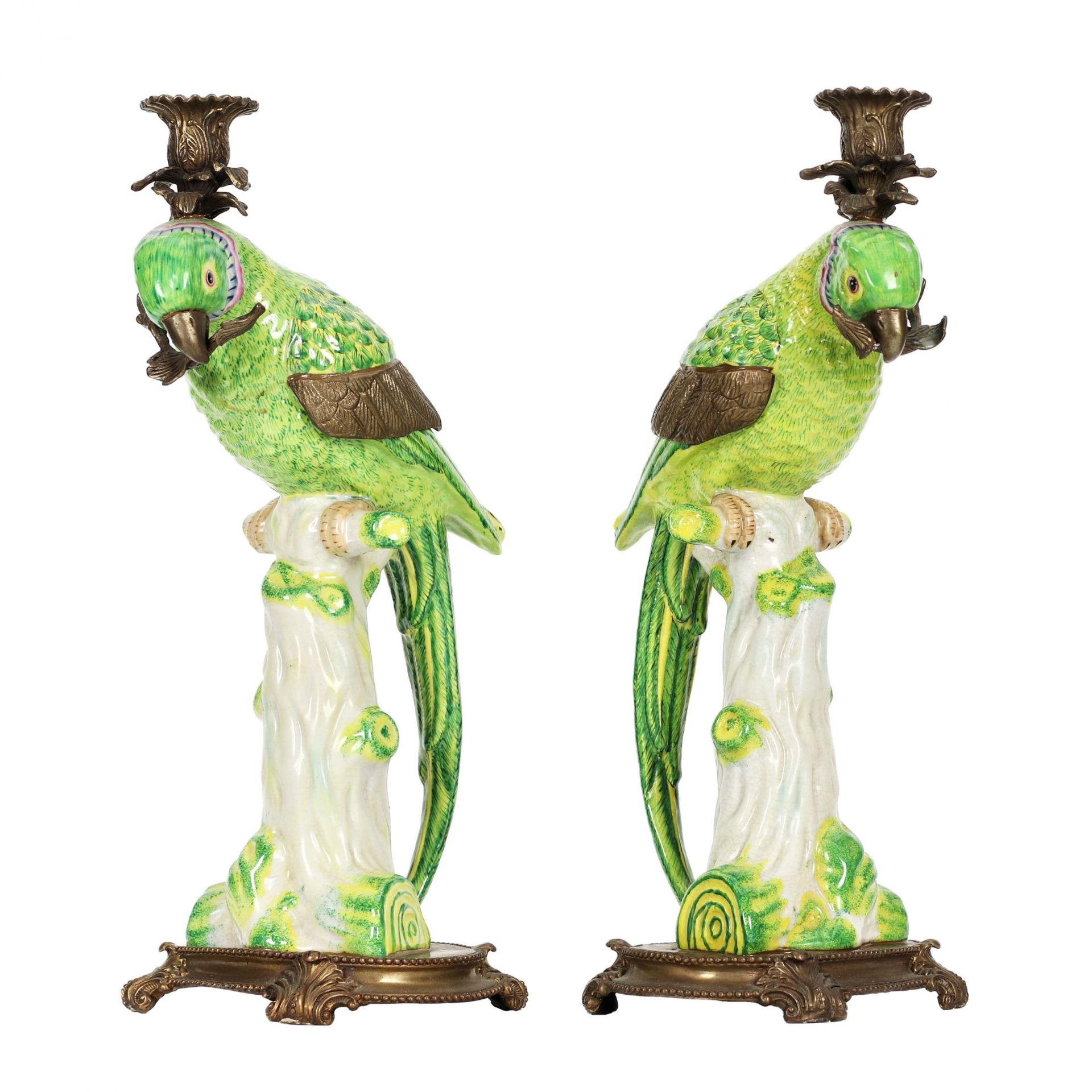 Pair of fine porcelain parrot candlesticks, with bronze. - Image 6 of 9