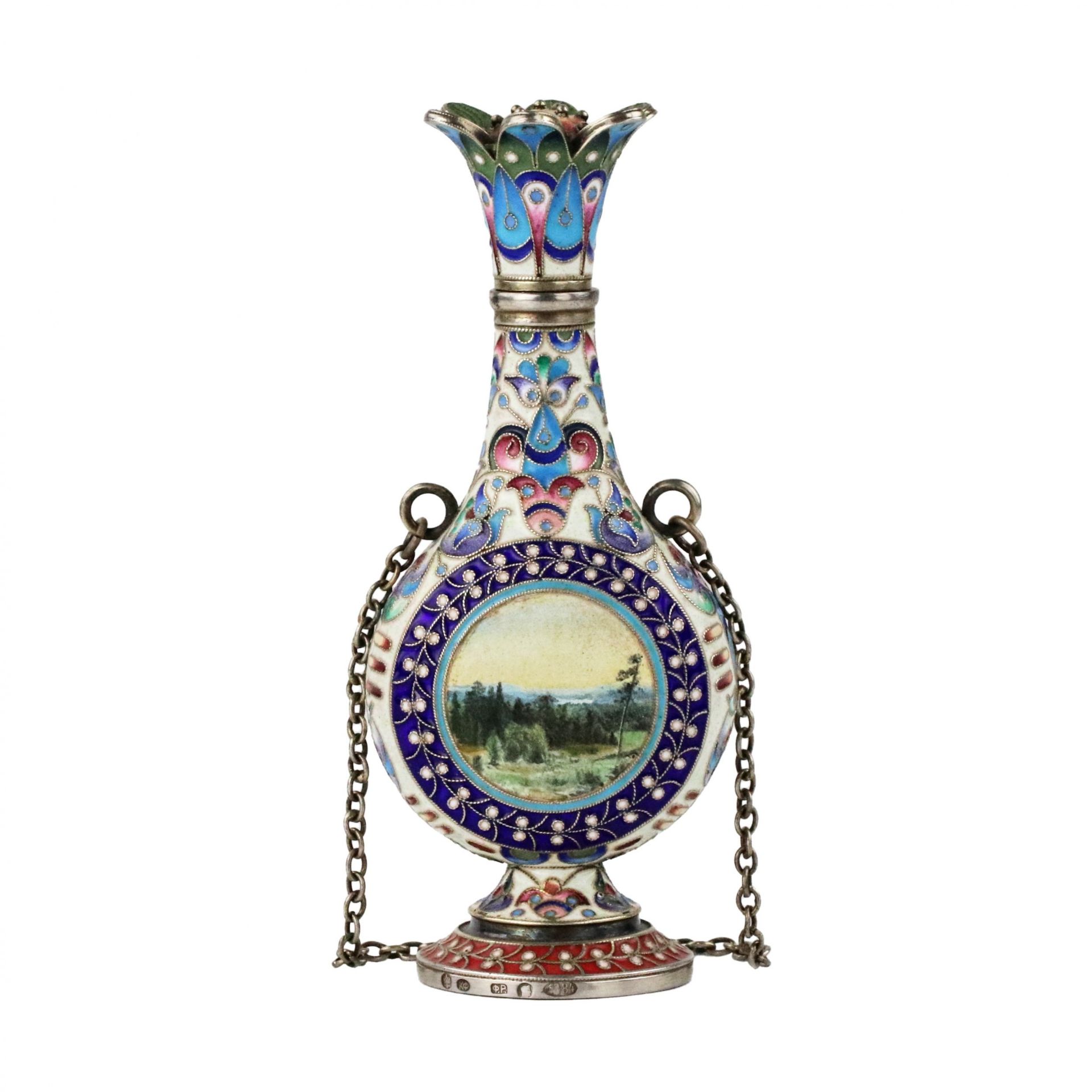 Silver perfume bottle in cloisonne enamel with painted miniatures. - Image 2 of 7