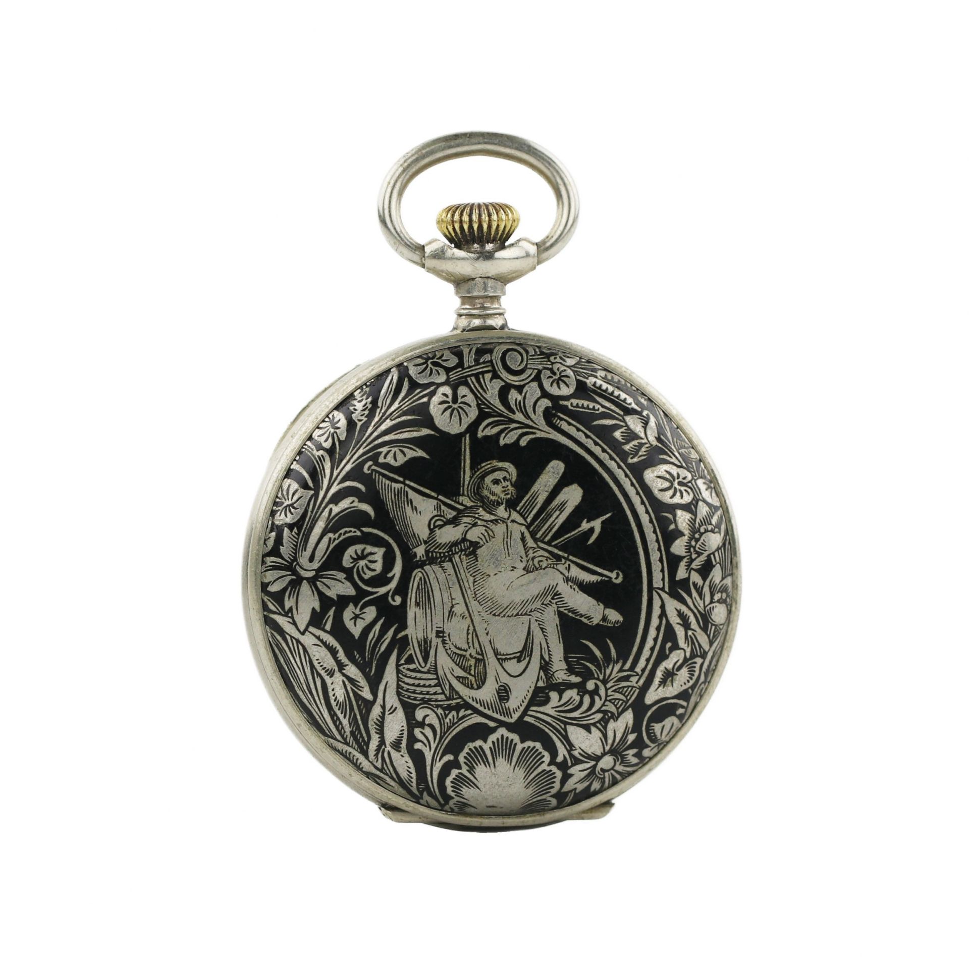 Russian pocket watch with blackened metal pattern. Diogenes company. Early 20th century. - Image 3 of 5