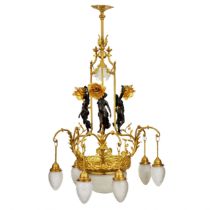 Bronze and gilded brass, graceful Art Nouveau chandelier, with Flora nymphs.