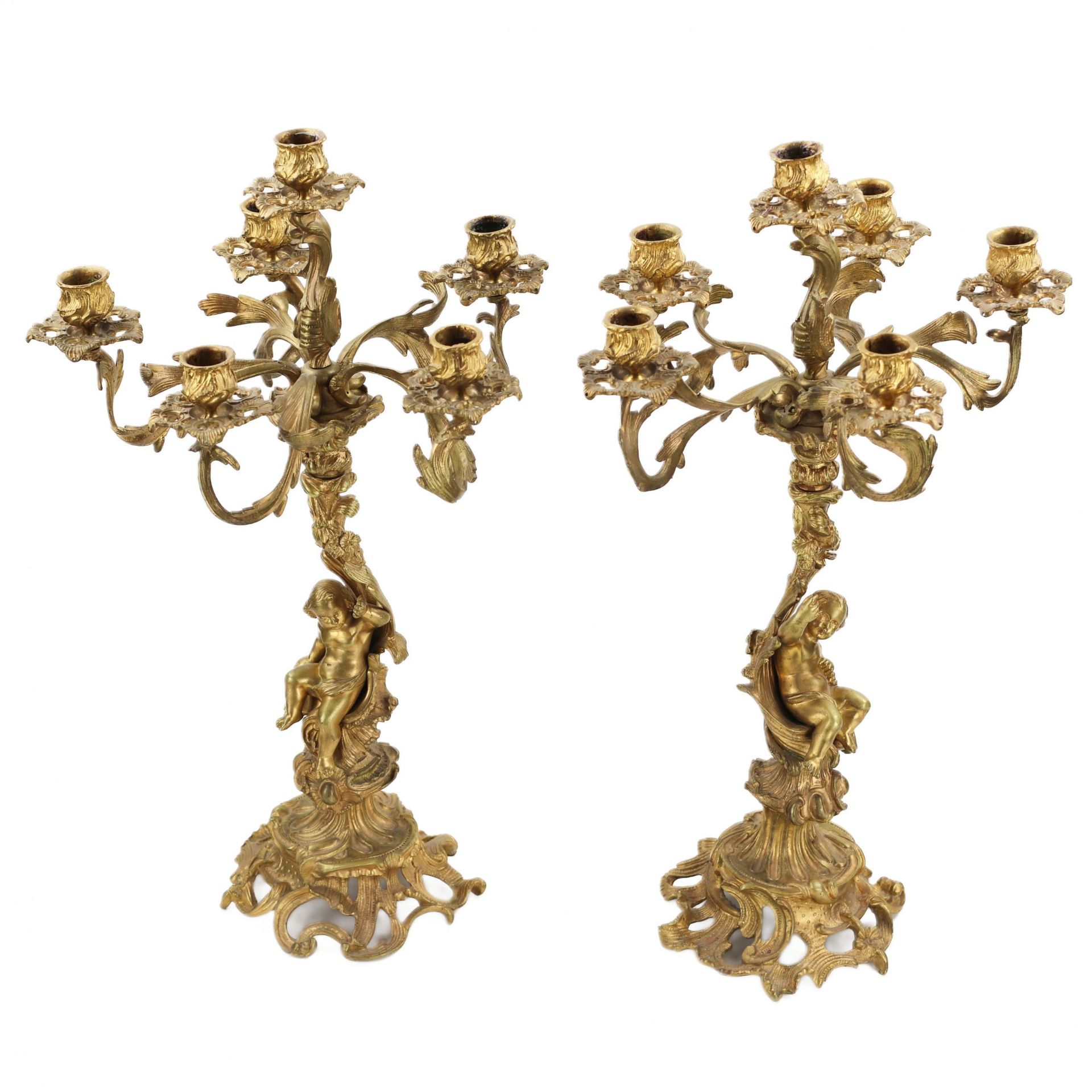 Pair of gilded bronze candelabra. 19th century - Bild 4 aus 7